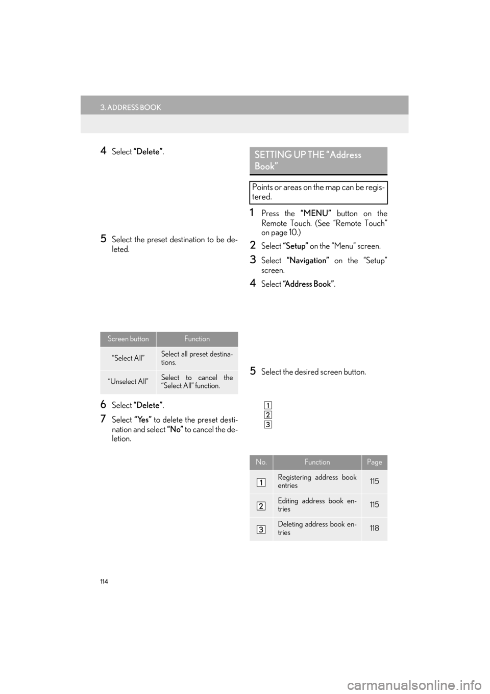 Lexus ES300h 2014 Navigation Manual 114
3. ADDRESS BOOK
ES350/300h_Navi_OM33A66U_(U)13.07.11 10:10
4Select “Delete”.
5Select the preset destination to be de-
leted.
6Select “Delete”.
7Select “Yes” to delete the preset d Lexus ES300h 2014 Navigation Manual 114
3. ADDRESS BOOK
ES350/300h_Navi_OM33A66U_(U)13.07.11 10:10
4Select “Delete”.
5Select the preset destination to be de-
leted.
6Select “Delete”.
7Select “Yes” to delete the preset d