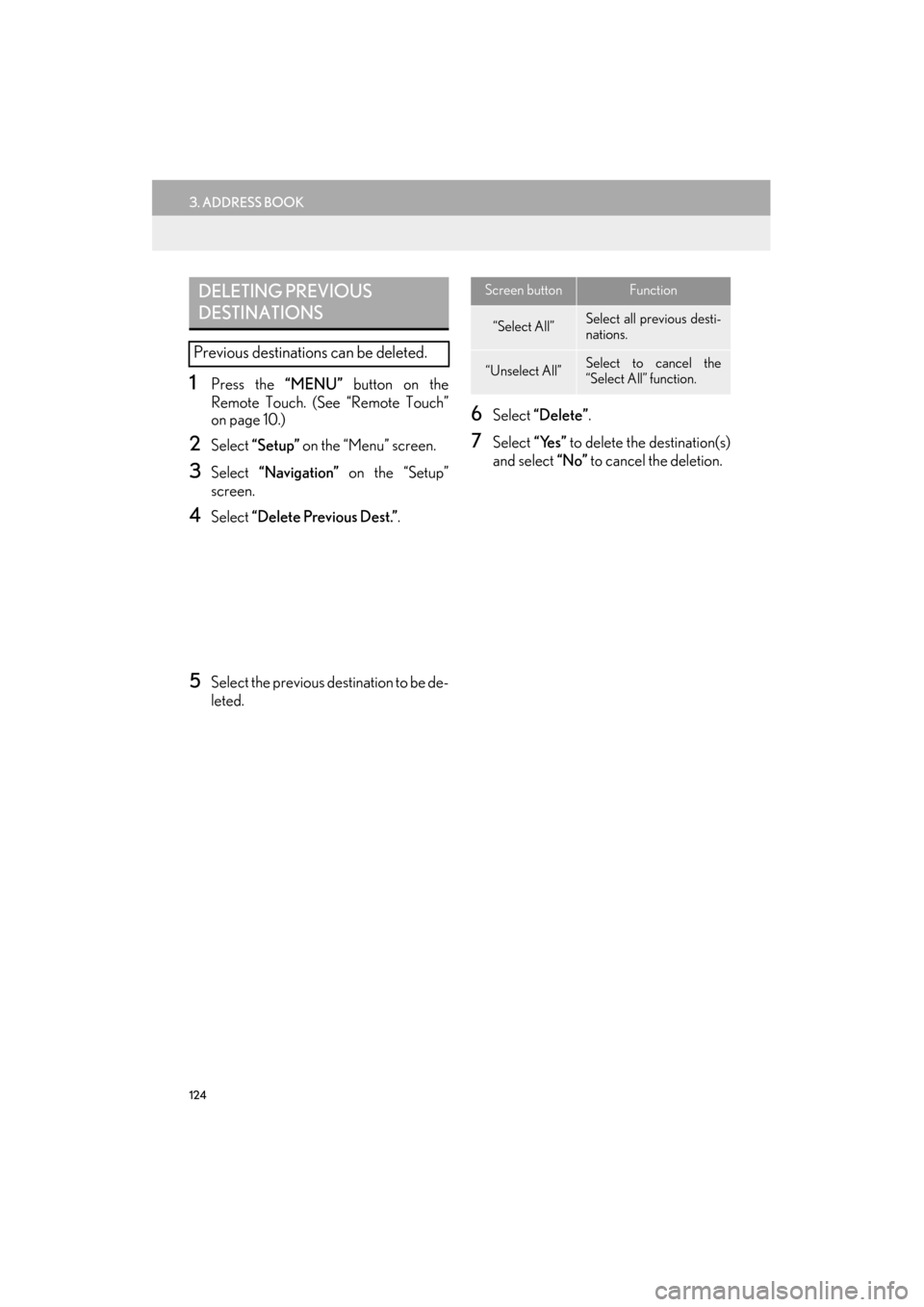 Lexus ES300h 2014 Navigation Manual 124
3. ADDRESS BOOK
ES350/300h_Navi_OM33A66U_(U)13.07.11 10:10
1Press the “MENU” button on the
Remote Touch. (See “Remote Touch”
on page 10.)
2Select “Setup” on the “Menu” screen Lexus ES300h 2014 Navigation Manual 124
3. ADDRESS BOOK
ES350/300h_Navi_OM33A66U_(U)13.07.11 10:10
1Press the “MENU” button on the
Remote Touch. (See “Remote Touch”
on page 10.)
2Select “Setup” on the “Menu” screen