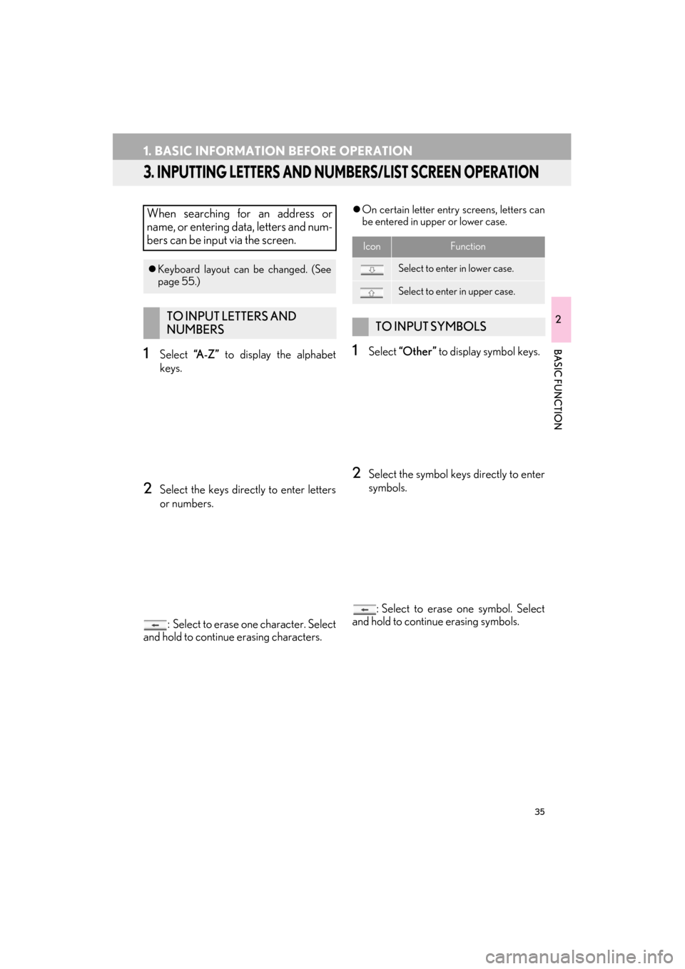 Lexus ES300h 2014 Navigation Manual 35
1. BASIC INFORMATION BEFORE OPERATION
ES350/300h_Navi_OM33A66U_(U)13.07.11 10:10
2
BASIC FUNCTION
3. INPUTTING LETTERS AND NUMBERS/LIST SCREEN OPERATION
1Select “A - Z ” to display the alph Lexus ES300h 2014 Navigation Manual 35
1. BASIC INFORMATION BEFORE OPERATION
ES350/300h_Navi_OM33A66U_(U)13.07.11 10:10
2
BASIC FUNCTION
3. INPUTTING LETTERS AND NUMBERS/LIST SCREEN OPERATION
1Select “A - Z ” to display the alph
