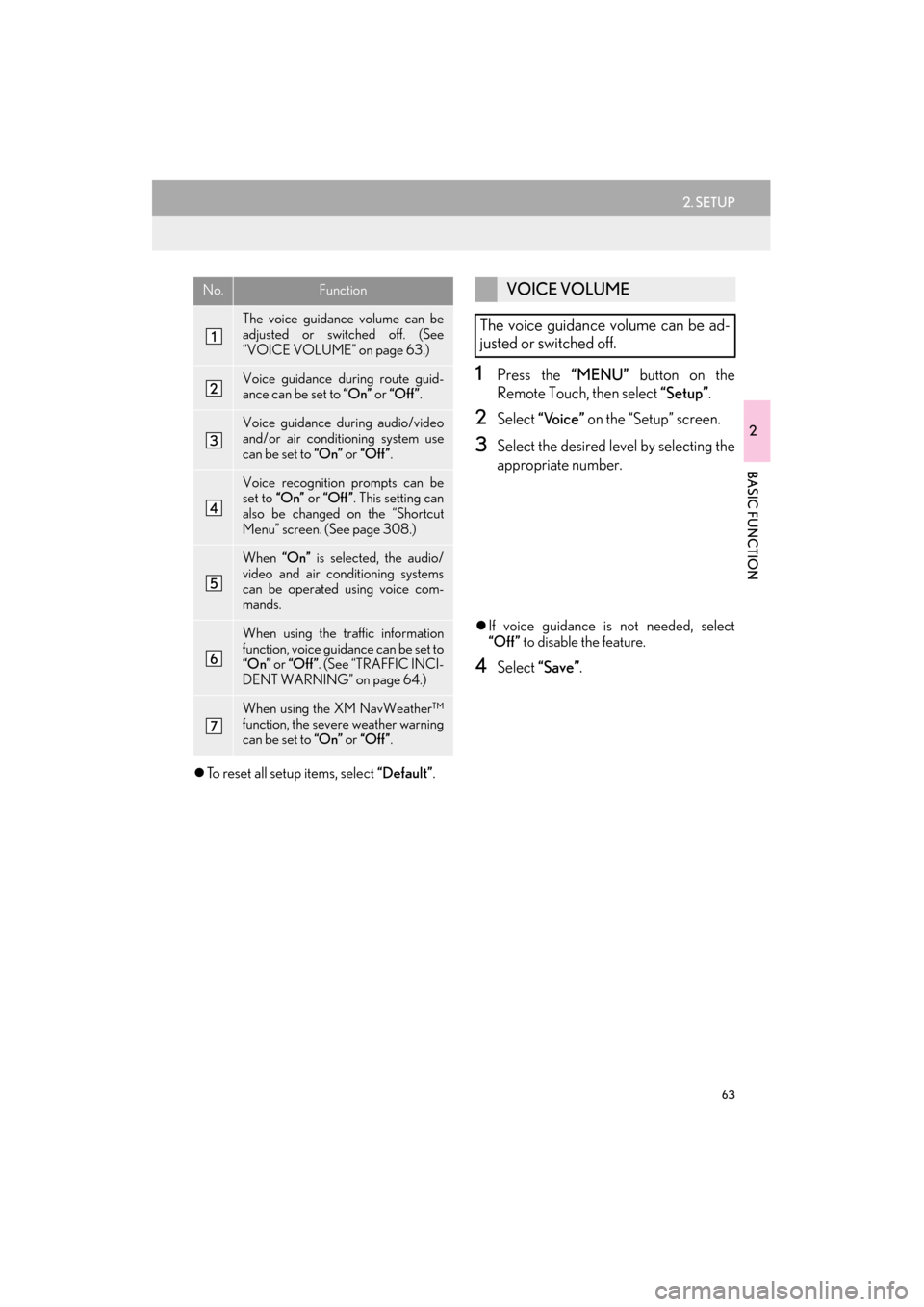 Lexus ES300h 2014  Navigation Manual 63
2. SETUP
ES350/300h_Navi_OM33A66U_(U)13.07.11     10:10
2
BASIC FUNCTION
�zTo reset all setup items, select  “Default”.
1Press the  “MENU” button on the
Remote Touch, then select  “Setup�