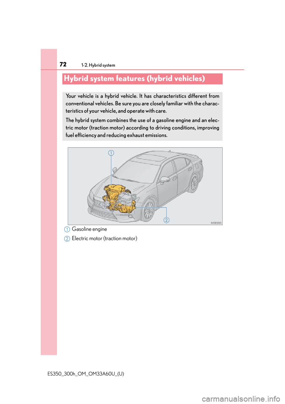 Lexus ES300h 2014 Warranty and Services Guide / (OM33A60U) Manual PDF 721-2. Hybrid system
ES350_300h_OM_OM33A60U_(U)
Hybrid system features (hybrid vehicles)
Gasoline engine
Electric motor (traction motor)
Your vehicle is a hybrid vehicle. It has characteristics differ Lexus ES300h 2014 Warranty and Services Guide / (OM33A60U) Manual PDF 721-2. Hybrid system
ES350_300h_OM_OM33A60U_(U)
Hybrid system features (hybrid vehicles)
Gasoline engine
Electric motor (traction motor)
Your vehicle is a hybrid vehicle. It has characteristics differ
