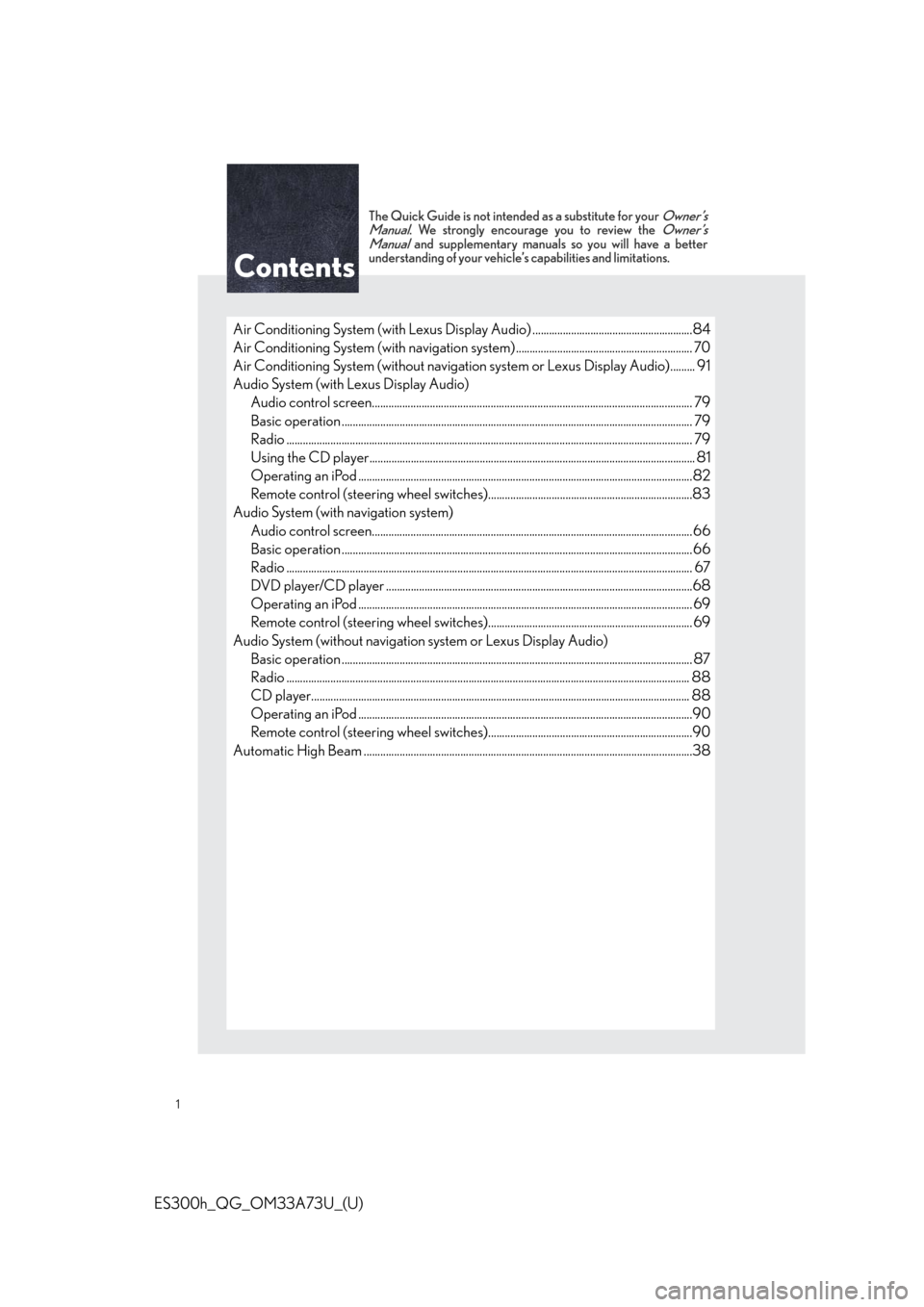 Lexus ES300h 2014  Warranty and Services Guide / Owners Manual Quick Guide (OM33A73U) 1
ES300h_QG_OM33A73U_(U)
The Quick Guide is not intended as a substitute for your Owner’s
Manual. We strongly encourage you to review the Owner’s
Manual and supplementary manuals so you will have 