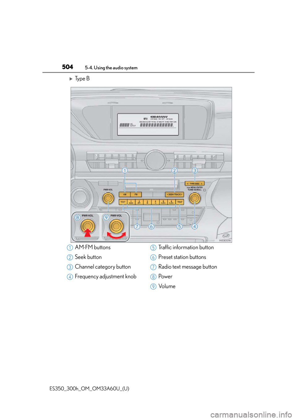 Lexus ES300h 2014  Instrument cluster / Owners Manual (OM33A60U) 504
ES350_300h_OM_OM33A60U_(U)
5-4. Using the audio system
Ty p e  B
AMFM buttons
Seek button
Channel category button
Frequency adjustment knob Traffic information button
Preset station buttons
