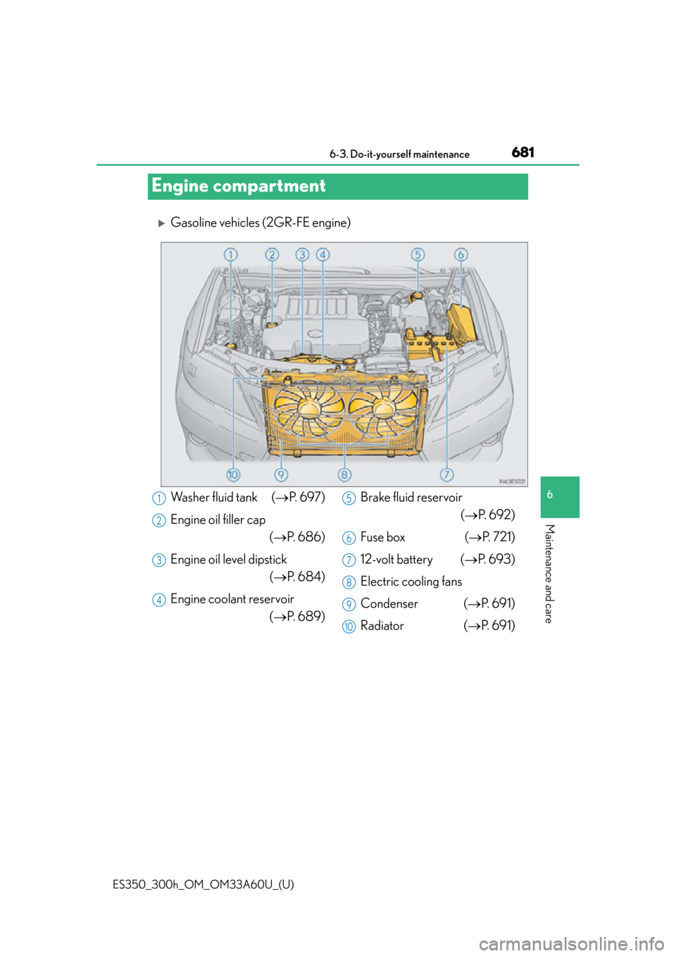 Lexus ES300h 2014  Instrument cluster / Owners Manual (OM33A60U) 681
ES350_300h_OM_OM33A60U_(U)
6-3. Do-it-yourself maintenance
6
Maintenance and care
Engine compartment
Gasoline vehicles (2GR-FE engine)
Washer fluid tank  (P.  6 9 7 )
Engine oil filler cap (