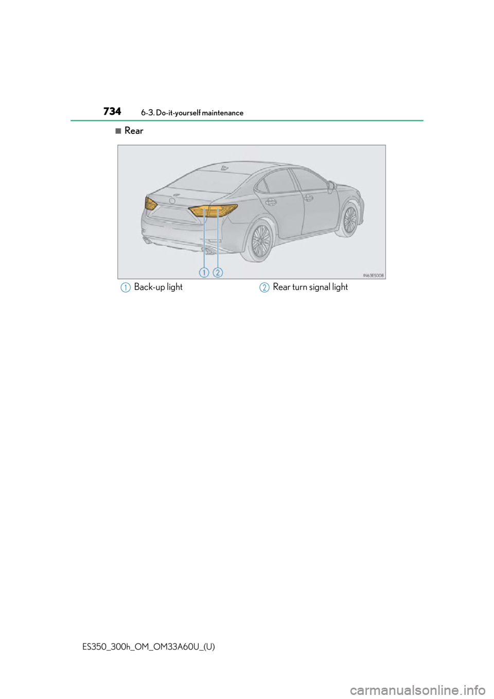 Lexus ES300h 2014  Instrument cluster / Owners Manual (OM33A60U) 734
ES350_300h_OM_OM33A60U_(U)
6-3. Do-it-yourself maintenance
■Rear
Back-up lightRear turn signal light12 