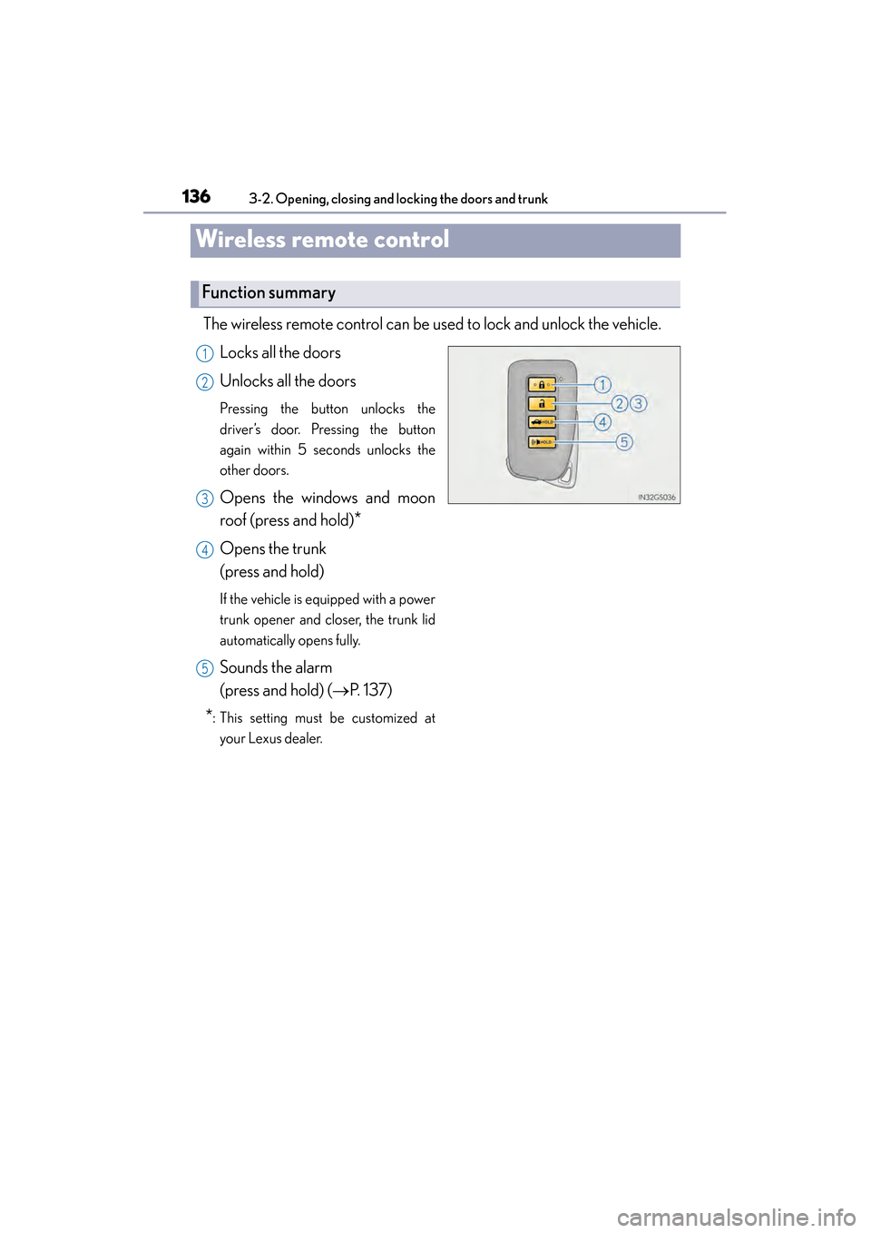 Lexus ES300h 2013  Owners Manual 136
ES350 300h_OM_OM33A01U_(U)
3-2. Opening, closing and locking the doors and trunk
Wireless remote control
The wireless remote control can be used to lock and unlock the vehicle. 
Locks all the door