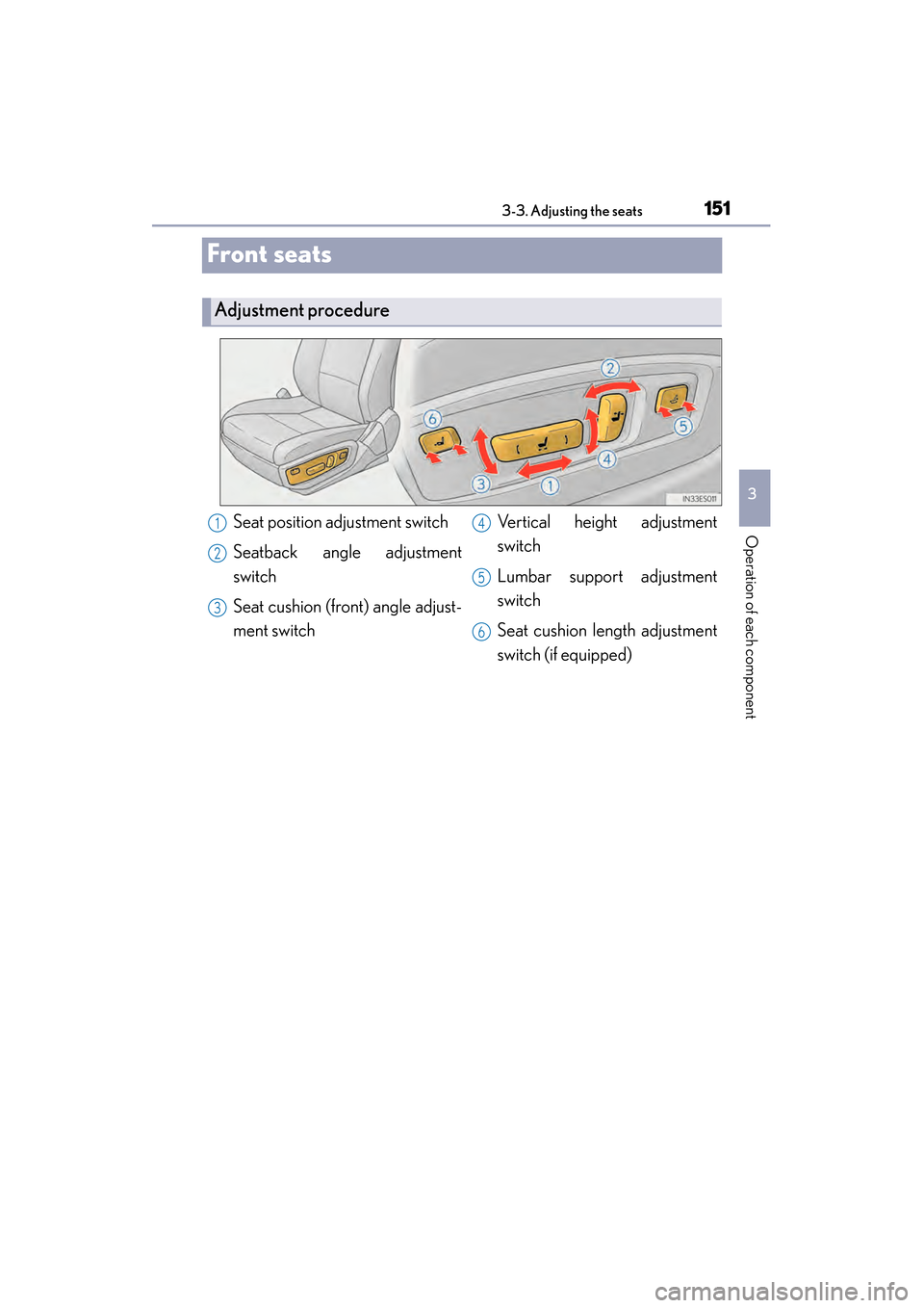 Lexus ES300h 2013 Owners Manual 151
ES350 300h_OM_OM33A01U_(U)
3-3. Adjusting the seats
3
Operation of each component
Front seats
Adjustment procedure
Seat position adjustment switch
Seatback angle adjustment
switch
Seat cushion (fr Lexus ES300h 2013 Owners Manual 151
ES350 300h_OM_OM33A01U_(U)
3-3. Adjusting the seats
3
Operation of each component
Front seats
Adjustment procedure
Seat position adjustment switch
Seatback angle adjustment
switch
Seat cushion (fr