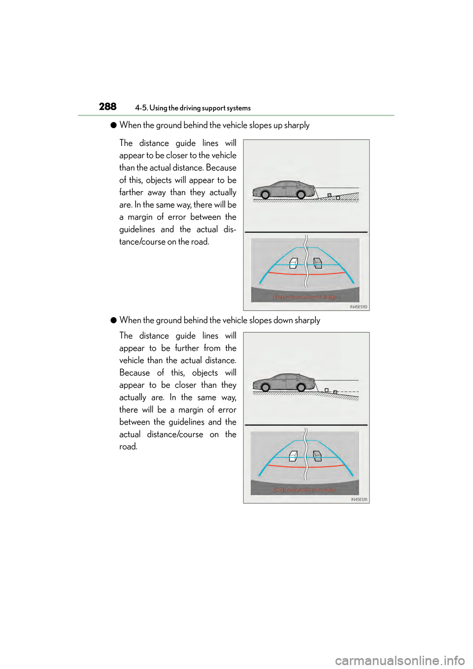 Lexus ES300h 2013  Owners Manual 288
ES350 300h_OM_OM33A01U_(U)
4-5. Using the driving support systems
●When the ground behind the vehicle slopes up sharply
The distance guide lines will
appear to be closer to the vehicle
than the 
