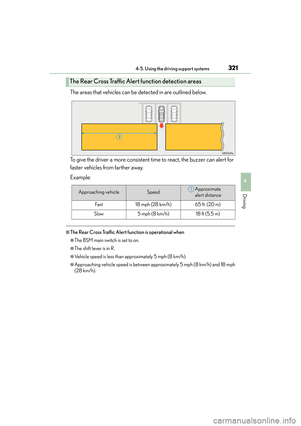 Lexus ES300h 2013 Owners Manual ES350 300h_OM_OM33A01U_(U)
3214-5. Using the driving support systems
4
Driving
The areas that vehicles can be detected in are outlined below.
To give the driver a more consistent time to react, the bu Lexus ES300h 2013 Owners Manual ES350 300h_OM_OM33A01U_(U)
3214-5. Using the driving support systems
4
Driving
The areas that vehicles can be detected in are outlined below.
To give the driver a more consistent time to react, the bu
