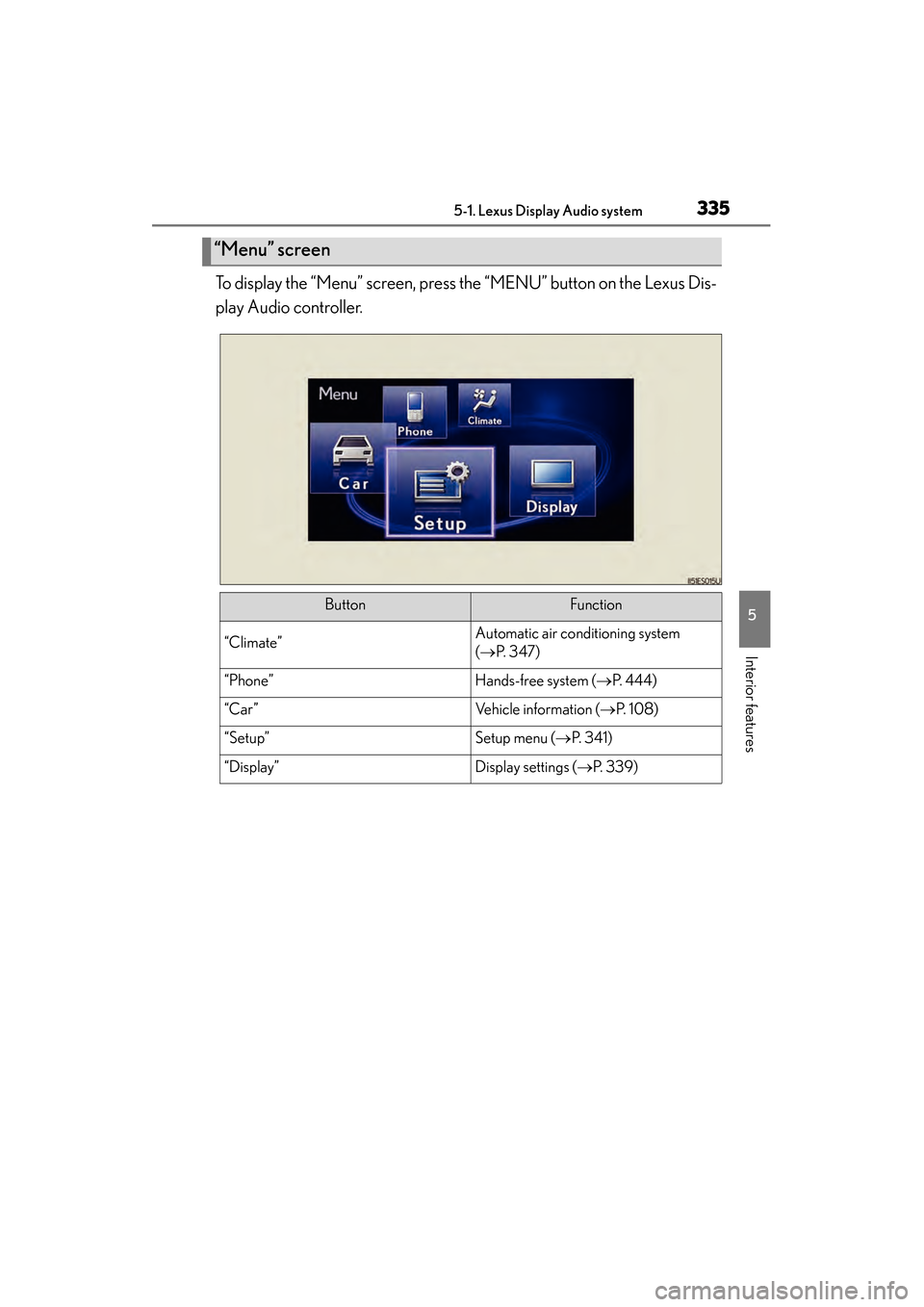 Lexus ES300h 2013 Owners Manual ES350 300h_OM_OM33A01U_(U)
3355-1. Lexus Display Audio system
5
Interior features
To display the “Menu” screen, press the “MENU” button on the Lexus Dis-
play Audio controller.
“Menu” scre Lexus ES300h 2013 Owners Manual ES350 300h_OM_OM33A01U_(U)
3355-1. Lexus Display Audio system
5
Interior features
To display the “Menu” screen, press the “MENU” button on the Lexus Dis-
play Audio controller.
“Menu” scre