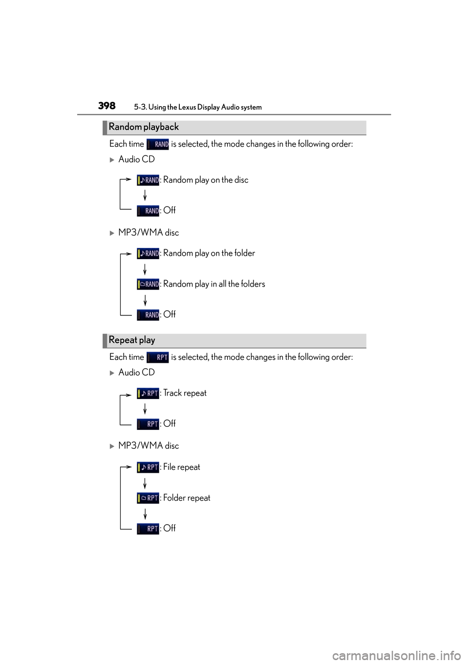 Lexus ES300h 2013  Owners Manual 398
ES350 300h_OM_OM33A01U_(U)
5-3. Using the Lexus Display Audio system
Each time   is selected, the mode changes in the following order:
�XAudio CD
�XMP3/WMA disc
Each time   is selected, the mode c