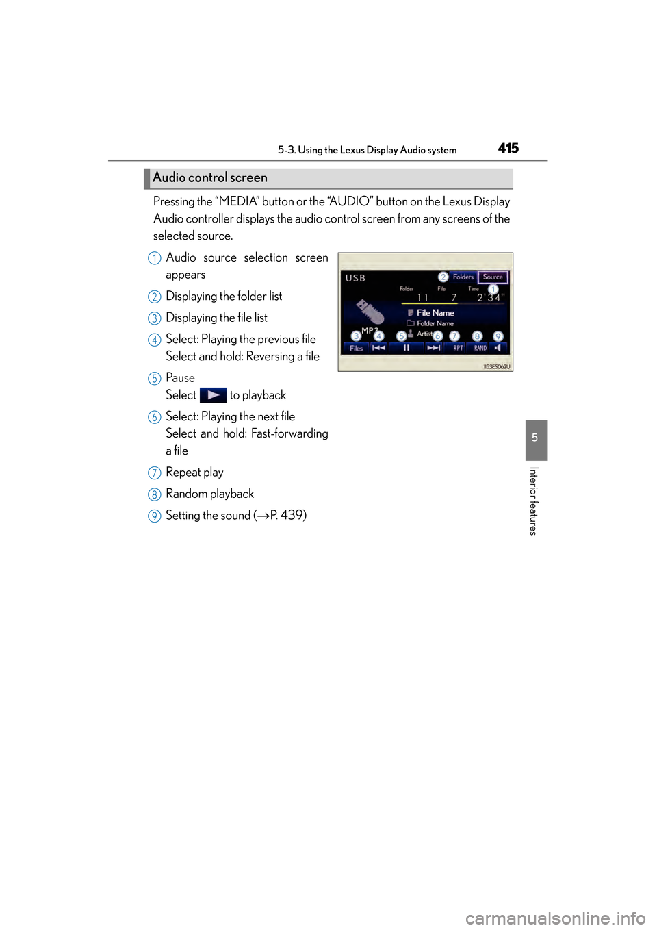 Lexus ES300h 2013 Owners Manual ES350 300h_OM_OM33A01U_(U)
4155-3. Using the Lexus Display Audio system
5
Interior features
Pressing the “MEDIA” button or the “AUDIO” button on the Lexus Display
Audio controller displays the Lexus ES300h 2013 Owners Manual ES350 300h_OM_OM33A01U_(U)
4155-3. Using the Lexus Display Audio system
5
Interior features
Pressing the “MEDIA” button or the “AUDIO” button on the Lexus Display
Audio controller displays the