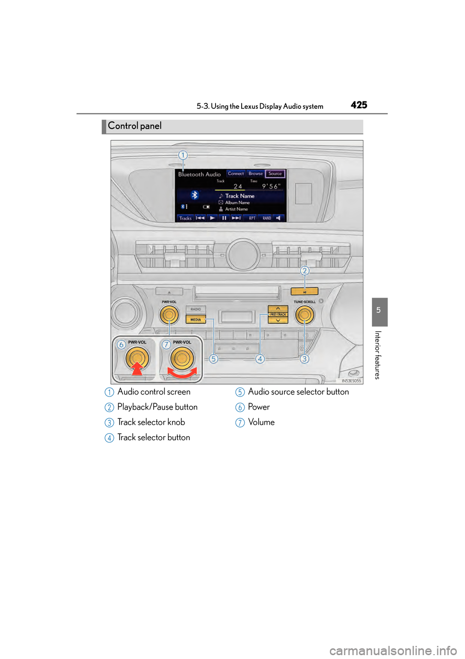 Lexus ES300h 2013 Owners Manual ES350 300h_OM_OM33A01U_(U)
4255-3. Using the Lexus Display Audio system
5
Interior features
Control panel
Audio control screen
Playback/Pause button
Track selector knob
Track selector buttonAudio sour Lexus ES300h 2013 Owners Manual ES350 300h_OM_OM33A01U_(U)
4255-3. Using the Lexus Display Audio system
5
Interior features
Control panel
Audio control screen
Playback/Pause button
Track selector knob
Track selector buttonAudio sour