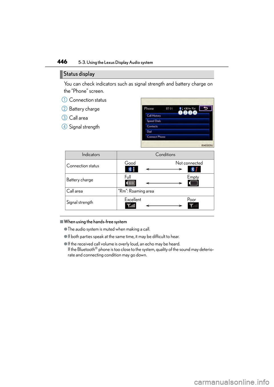 Lexus ES300h 2013 Owners Manual 446
ES350 300h_OM_OM33A01U_(U)
5-3. Using the Lexus Display Audio system
You can check indicators such as signal strength and battery charge on
the “Phone” screen.Connection status
Battery charge
Lexus ES300h 2013 Owners Manual 446
ES350 300h_OM_OM33A01U_(U)
5-3. Using the Lexus Display Audio system
You can check indicators such as signal strength and battery charge on
the “Phone” screen.Connection status
Battery charge