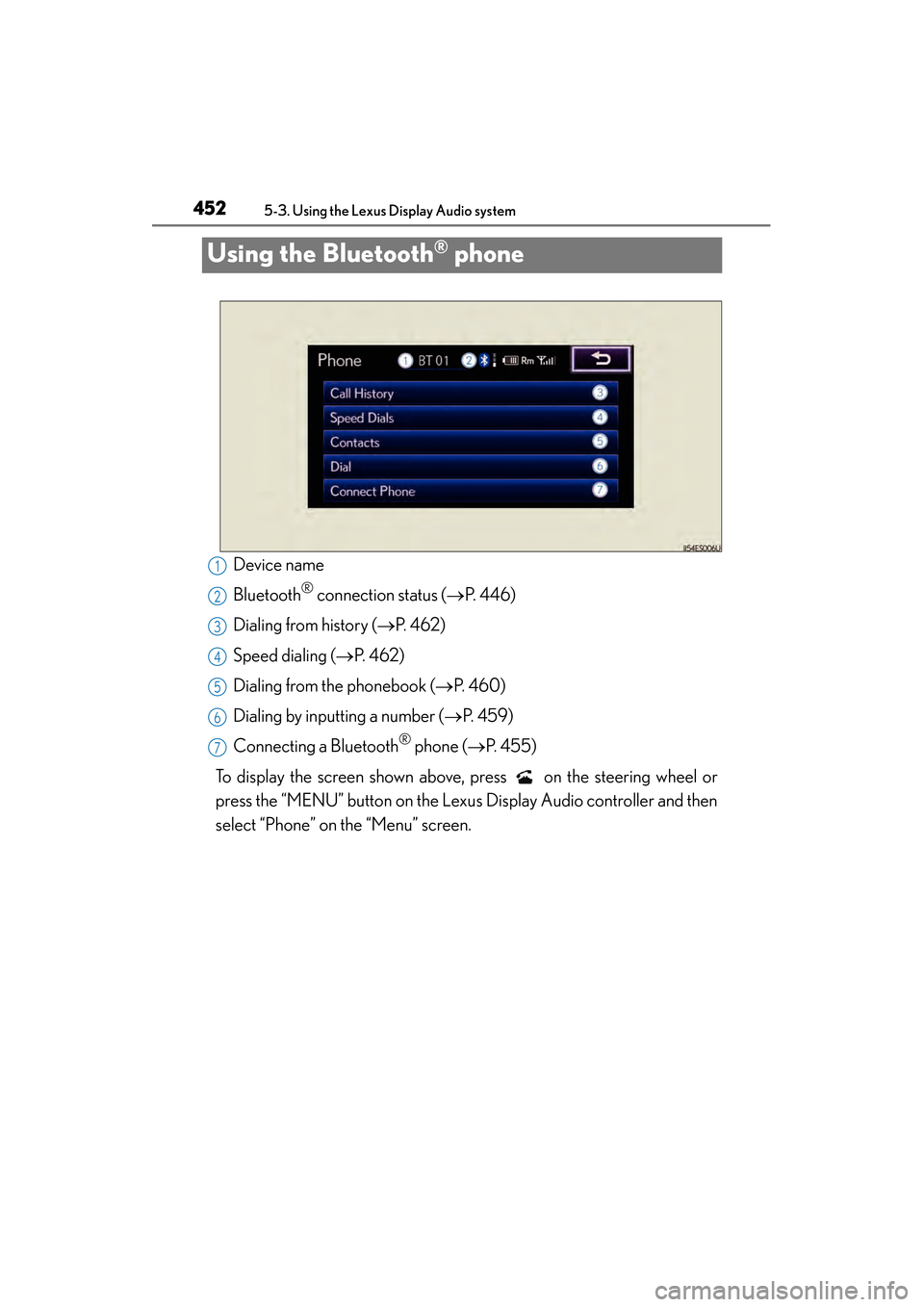 Lexus ES300h 2013 Owners Manual 452
ES350 300h_OM_OM33A01U_(U)
5-3. Using the Lexus Display Audio system
Using the Bluetooth® phone
Device name
Bluetooth
® connection status (→P. 4 4 6 )
Dialing from history ( →P. 4 6 2 )
Sp Lexus ES300h 2013 Owners Manual 452
ES350 300h_OM_OM33A01U_(U)
5-3. Using the Lexus Display Audio system
Using the Bluetooth® phone
Device name
Bluetooth
® connection status (→P. 4 4 6 )
Dialing from history ( →P. 4 6 2 )
Sp