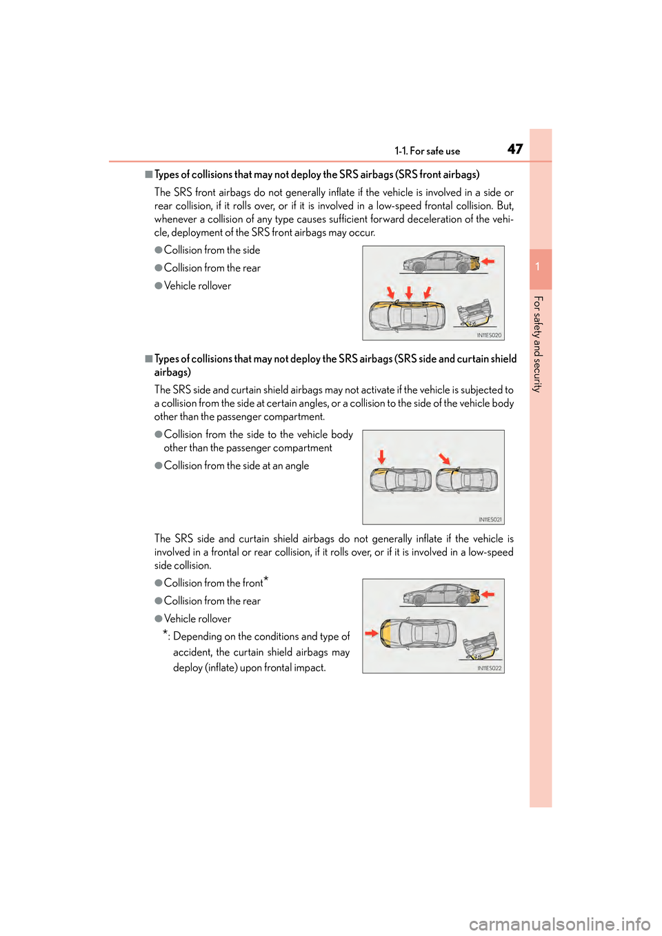 Lexus ES300h 2013 Service Manual 471-1. For safe use
ES350 300h_OM_OM33A01U_(U)
1
For safety and security
■Types of collisions that may not deploy the SRS airbags (SRS front airbags)
The SRS front airbags do not generally inflate i Lexus ES300h 2013 Service Manual 471-1. For safe use
ES350 300h_OM_OM33A01U_(U)
1
For safety and security
■Types of collisions that may not deploy the SRS airbags (SRS front airbags)
The SRS front airbags do not generally inflate i