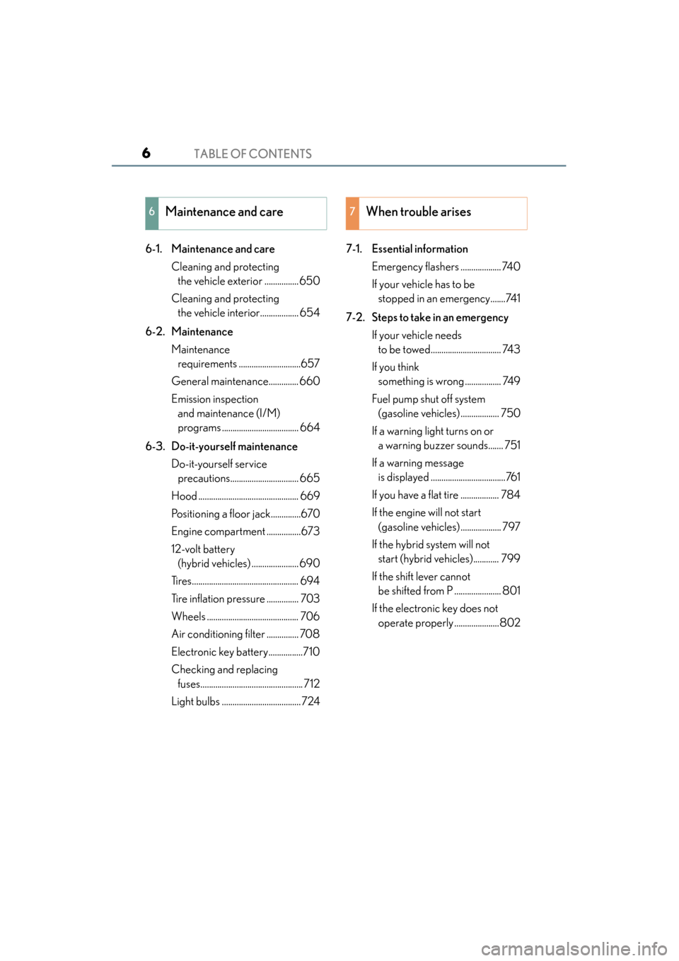 Lexus ES300h 2013 Owners Manual TABLE OF CONTENTS6
ES350 300h_OM_OM33A01U_(U)6-1. Maintenance and care
Cleaning and protecting the vehicle exterior ................ 650
Cleaning and protecting the vehicle interior.................. Lexus ES300h 2013 Owners Manual TABLE OF CONTENTS6
ES350 300h_OM_OM33A01U_(U)6-1. Maintenance and care
Cleaning and protecting the vehicle exterior ................ 650
Cleaning and protecting the vehicle interior..................