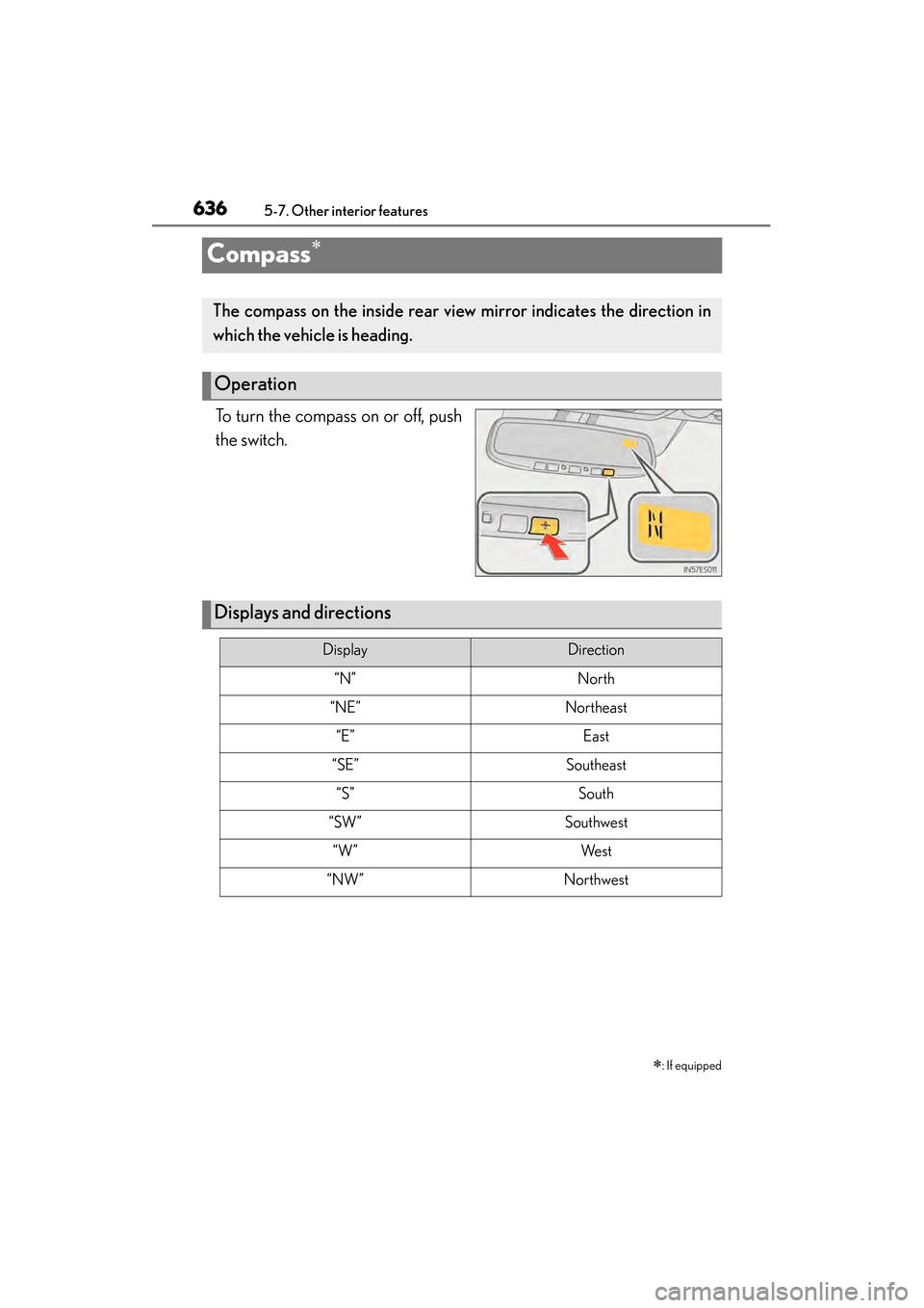 Lexus ES300h 2013  Owners Manual 636
ES350 300h_OM_OM33A01U_(U)
5-7. Other interior features
Compass∗
To turn the compass on or off, push
the switch.∗
: If equipped
The compass on the inside rear view mirror indicates the directi