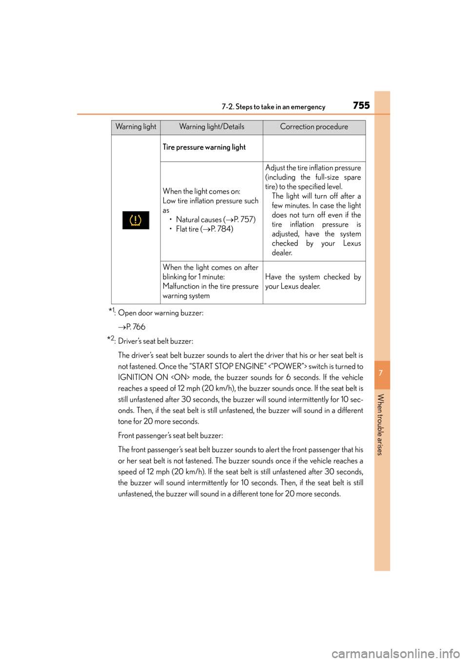 Lexus ES300h 2013 Owners Manual 7557-2. Steps to take in an emergency
ES350 300h_OM_OM33A01U_(U)
7
When trouble arises
*1: Open door warning buzzer:→ P. 76 6
*2: Driver’s seat belt buzzer:
The driver’s seat belt buzzer sounds Lexus ES300h 2013 Owners Manual 7557-2. Steps to take in an emergency
ES350 300h_OM_OM33A01U_(U)
7
When trouble arises
*1: Open door warning buzzer:→ P. 76 6
*2: Driver’s seat belt buzzer:
The driver’s seat belt buzzer sounds