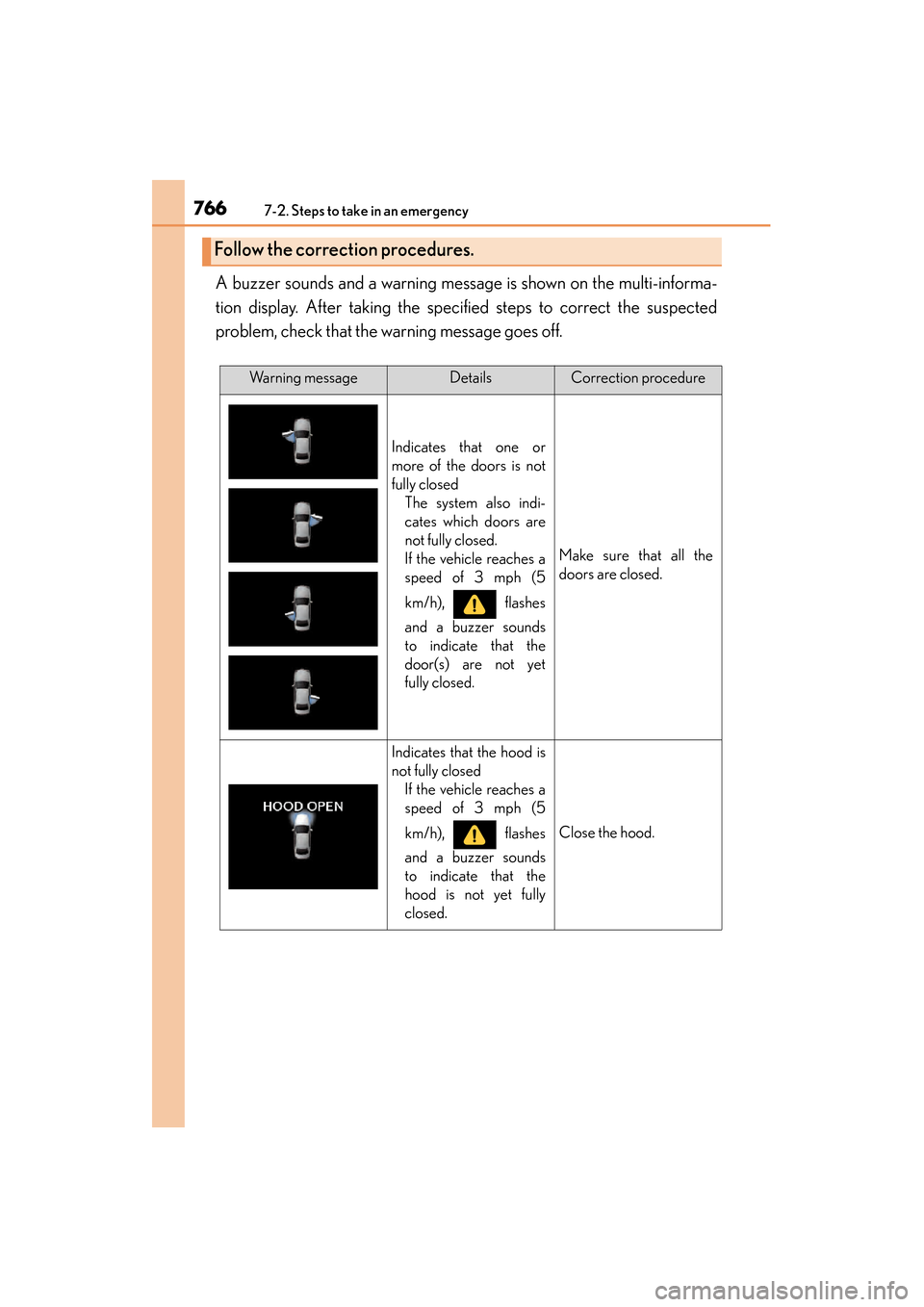 Lexus ES300h 2013  Owners Manual 7667-2. Steps to take in an emergency
ES350 300h_OM_OM33A01U_(U)
A buzzer sounds and a warning message is shown on the multi-informa-
tion display. After taking the specified steps to correct the susp