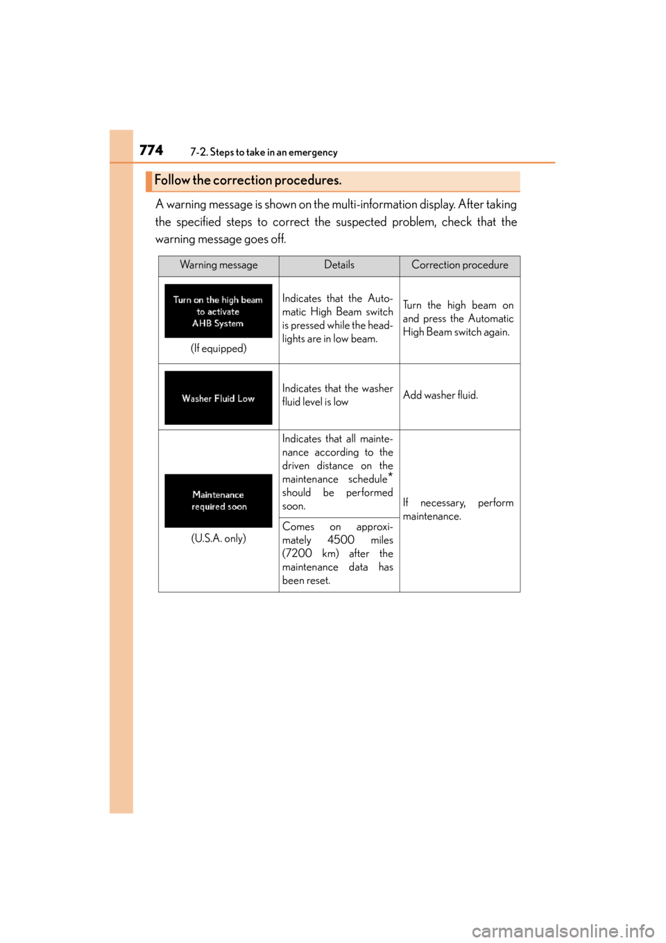 Lexus ES300h 2013 Owners Manual 7747-2. Steps to take in an emergency
ES350 300h_OM_OM33A01U_(U)
A warning message is shown on the multi-information display. After taking
the specified steps to correct the suspected problem, check t Lexus ES300h 2013 Owners Manual 7747-2. Steps to take in an emergency
ES350 300h_OM_OM33A01U_(U)
A warning message is shown on the multi-information display. After taking
the specified steps to correct the suspected problem, check t