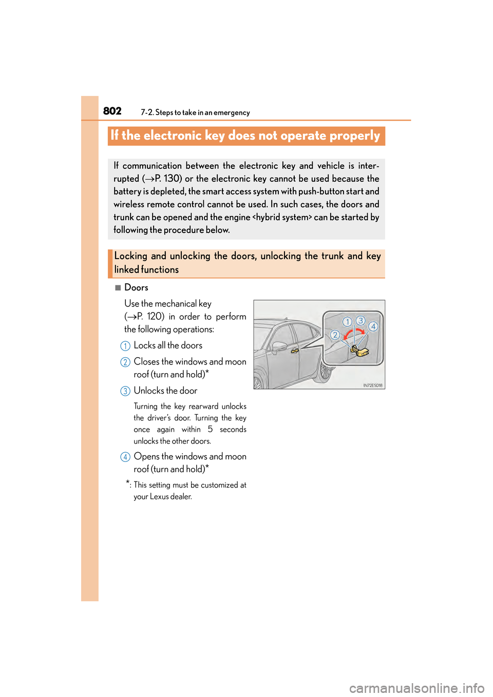 Lexus ES300h 2013 Owners Manual 802
ES350 300h_OM_OM33A01U_(U)
7-2. Steps to take in an emergency
If the electronic key does not operate properly
■Doors
Use the mechanical key
(→P. 120) in order to perform
the following operati Lexus ES300h 2013 Owners Manual 802
ES350 300h_OM_OM33A01U_(U)
7-2. Steps to take in an emergency
If the electronic key does not operate properly
■Doors
Use the mechanical key
(→P. 120) in order to perform
the following operati