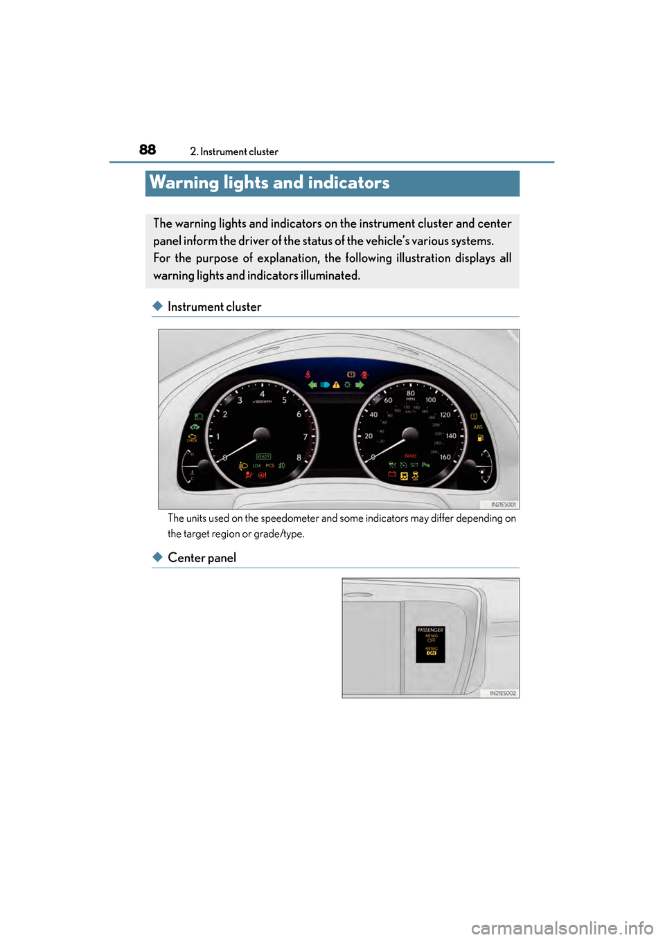 Lexus ES300h 2013 Manual Online 88
ES350 300h_OM_OM33A01U_(U)
2. Instrument cluster
Warning lights and indicators
◆Instrument cluster
The units used on the speedometer and some indicators may differ depending on
the target region 