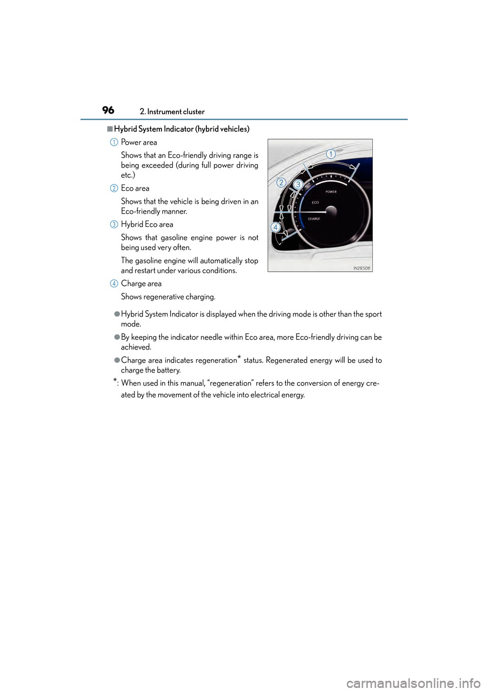 Lexus ES300h 2013 Owners Manual 96
ES350 300h_OM_OM33A01U_(U)
2. Instrument cluster
■Hybrid System Indicator (hybrid vehicles)
●Hybrid System Indicator is displayed when the driving mode is other than the sport
mode.
●By keepi Lexus ES300h 2013 Owners Manual 96
ES350 300h_OM_OM33A01U_(U)
2. Instrument cluster
■Hybrid System Indicator (hybrid vehicles)
●Hybrid System Indicator is displayed when the driving mode is other than the sport
mode.
●By keepi