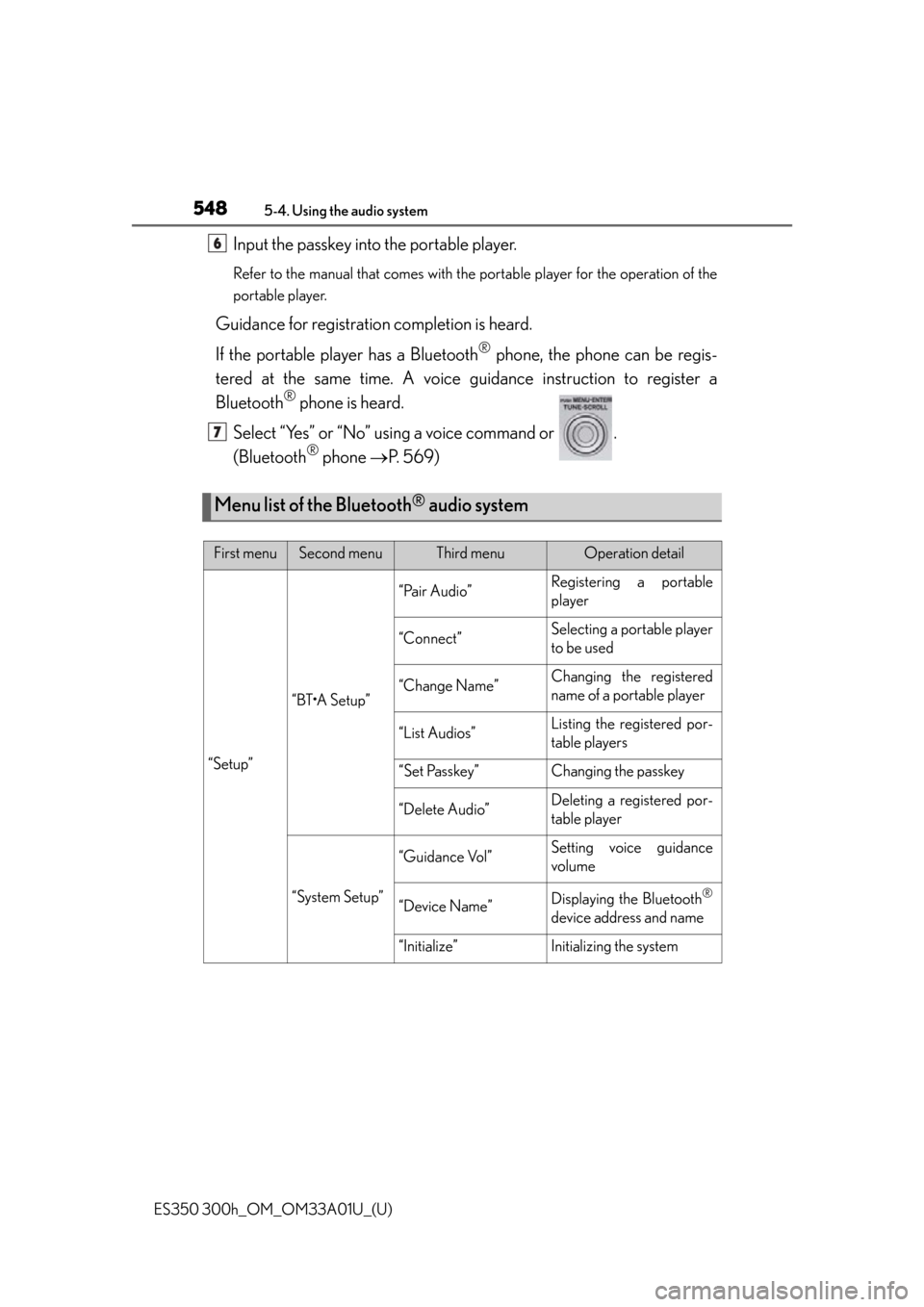 Lexus ES300h 2013  Do-it-yourself maintenance /  (OM33A01U) Service Manual 548
ES350 300h_OM_OM33A01U_(U)
5-4. Using the audio system
Input the passkey into the portable player.
Refer to the manual that comes with the portable player for the operation of the
portable player.