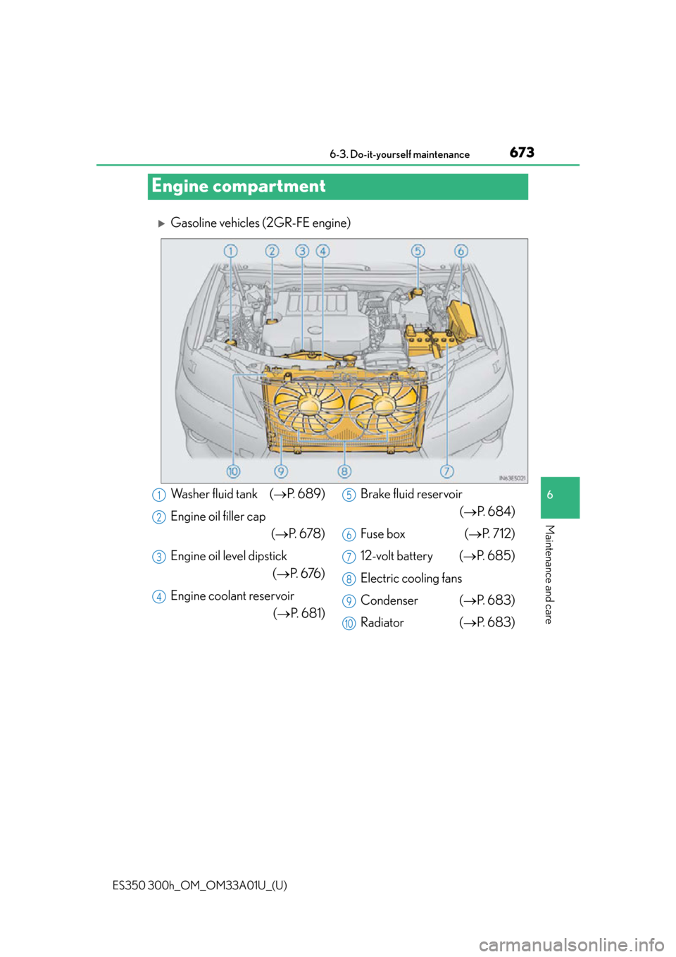 Lexus ES300h 2013  Do-it-yourself maintenance / Owners Manual (OM33A01U) 673
ES350 300h_OM_OM33A01U_(U)
6-3. Do-it-yourself maintenance
6
Maintenance and care
Engine compartment
Gasoline vehicles (2GR-FE engine)
Washer fluid tank  (P. 689)
Engine oil filler cap (P