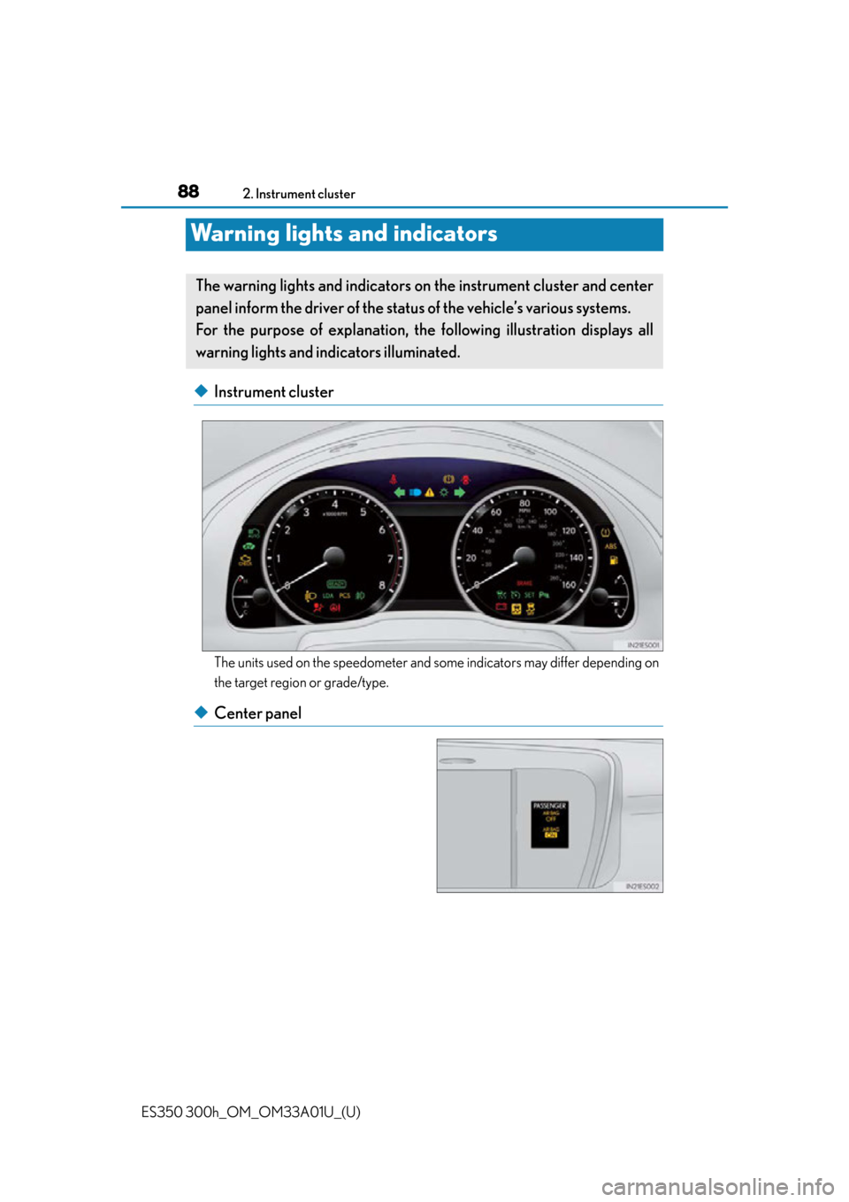 Lexus ES300h 2013  Do-it-yourself maintenance / Owners Manual (OM33A01U) 88
ES350 300h_OM_OM33A01U_(U)
2. Instrument cluster
Warning lights and indicators
◆Instrument cluster
The units used on the speedometer and some indicators may differ depending on
the target region 