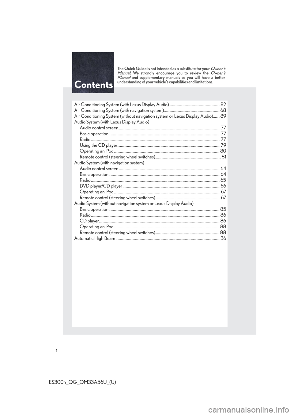 Lexus ES300h 2013  Do-it-yourself maintenance / Owners Manual Quick Guide (OM33A56U) 1
ES300h_QG_OM33A56U_(U)
The Quick Guide is not intended as a substitute for your Owner’s
Manual. We strongly encourage you to review the Owner’s
Manual and supplementary manuals so you will have 