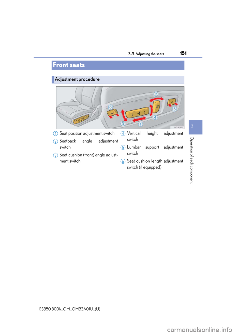 Lexus ES300h 2013  Instrument cluster / Owners Manual (OM33A01U) 151
ES350 300h_OM_OM33A01U_(U)
3-3. Adjusting the seats
3
Operation of each component
Front seats
Adjustment procedure
Seat position adjustment switch
Seatback angle adjustment
switch
Seat cushion (fr