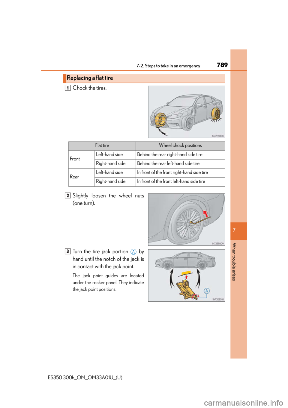 Lexus ES300h 2013  Instrument cluster / Owners Manual (OM33A01U) 7897-2. Steps to take in an emergency
ES350 300h_OM_OM33A01U_(U)
7
When trouble arises
Chock the tires.
Slightly loosen the wheel nuts
(one turn).
Turn the tire jack portion   by
hand until the notch 