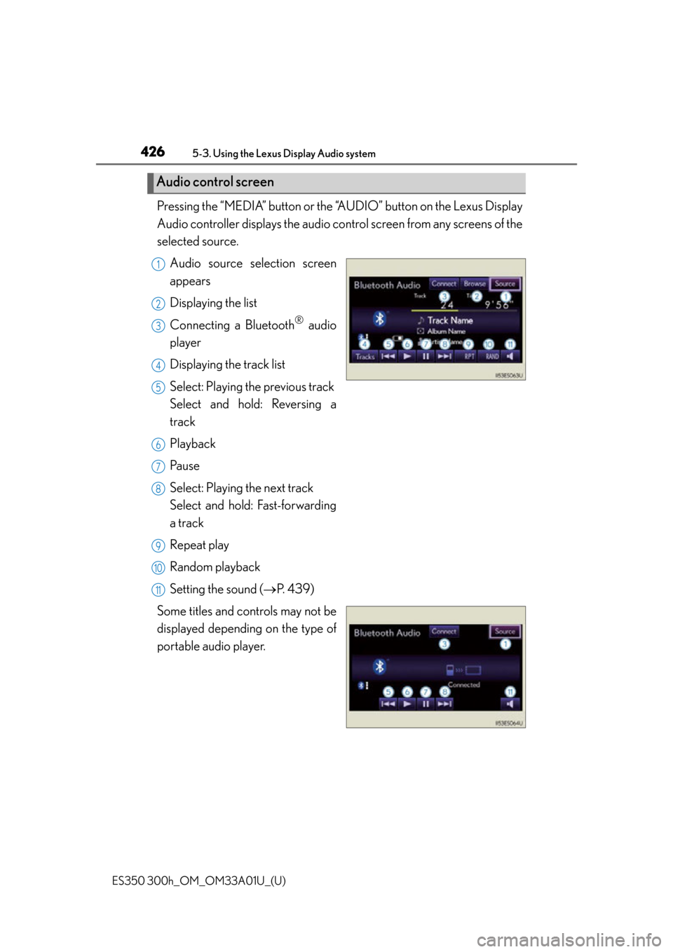 Lexus ES300h 2013 Phone Operation / (OM33A01U) User Guide 426
ES350 300h_OM_OM33A01U_(U)
5-3. Using the Lexus Display Audio system
Pressing the “MEDIA” button or the “AUDIO” button on the Lexus Display
Audio controller displays the audio cont rol scr Lexus ES300h 2013 Phone Operation / (OM33A01U) User Guide 426
ES350 300h_OM_OM33A01U_(U)
5-3. Using the Lexus Display Audio system
Pressing the “MEDIA” button or the “AUDIO” button on the Lexus Display
Audio controller displays the audio cont rol scr