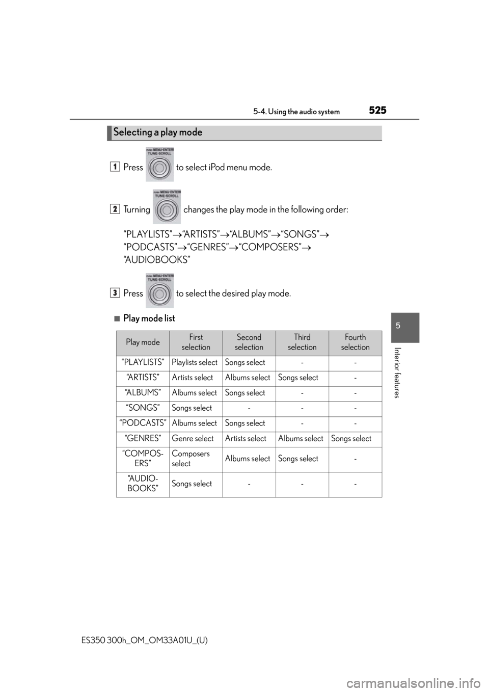 Lexus ES300h 2013  Phone Operation / Owners Manual (OM33A01U) ES350 300h_OM_OM33A01U_(U)
5255-4. Using the audio system
5
Interior features
Press   to select iPod menu mode.
Turning   changes the play mode in the following order:
“PLAYLISTS” “ARTISTS”