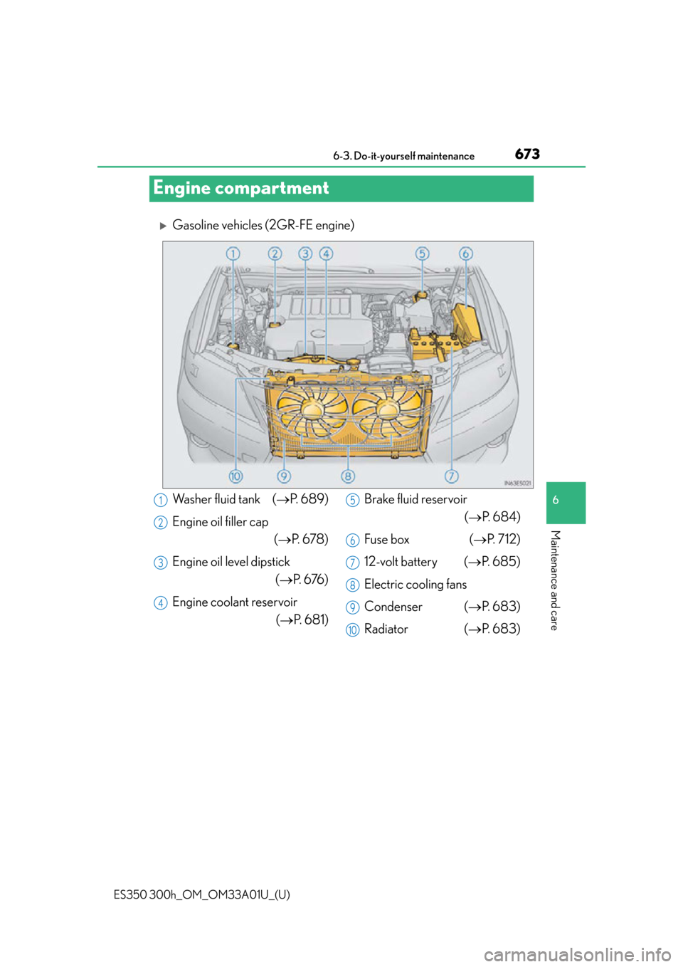 Lexus ES300h 2013 Phone Operation / Owners Manual (OM33A01U) 673
ES350 300h_OM_OM33A01U_(U)
6-3. Do-it-yourself maintenance
6
Maintenance and care
Engine compartment
Gasoline vehicles (2GR-FE engine)
Washer fluid tank (P. 689)
Engine oil filler cap (P Lexus ES300h 2013 Phone Operation / Owners Manual (OM33A01U) 673
ES350 300h_OM_OM33A01U_(U)
6-3. Do-it-yourself maintenance
6
Maintenance and care
Engine compartment
Gasoline vehicles (2GR-FE engine)
Washer fluid tank (P. 689)
Engine oil filler cap (P