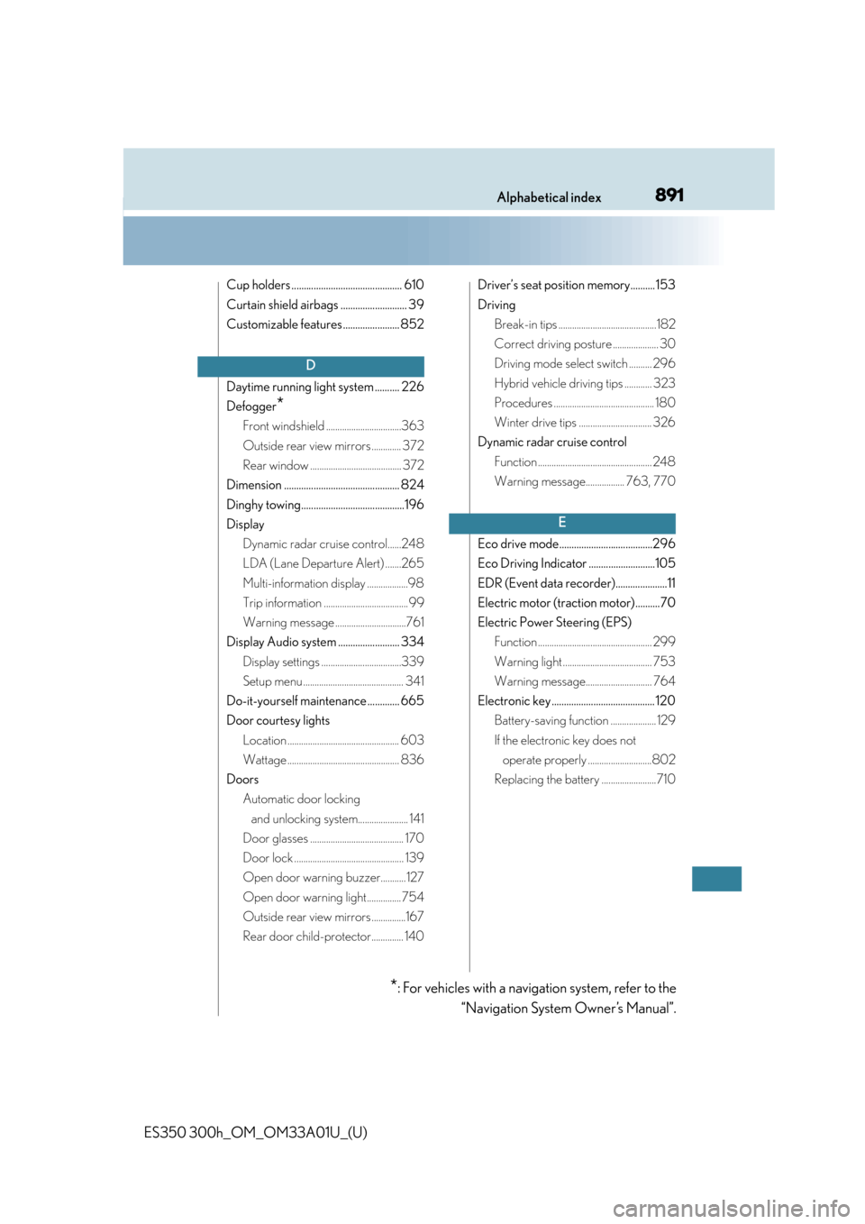 Lexus ES300h 2013  Phone Operation / Owners Manual (OM33A01U) 891Alphabetical index
ES350 300h_OM_OM33A01U_(U)
Cup holders ............................................. 610
Curtain shield airbags ........................... 39
Customizable features .............