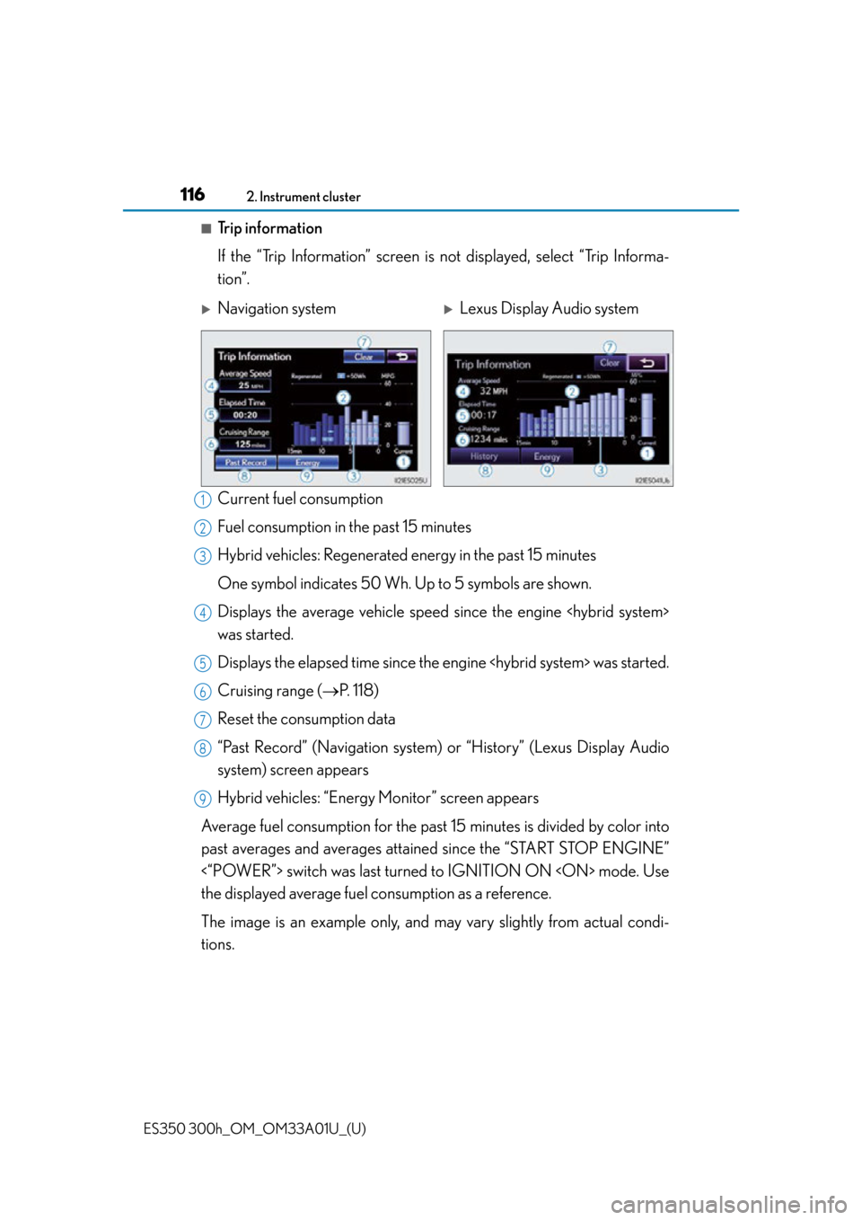 Lexus ES300h 2013  2013-2015 ES350/300h TVIP V4 Remote Engine Starter (RES) Owners / Owners Manual (OM33A01U) 116
ES350 300h_OM_OM33A01U_(U)
2. Instrument cluster
■Trip information
If the “Trip Information” screen is not displayed, select “Trip Informa-
tion”.
Current fuel consumption
Fuel consumpti