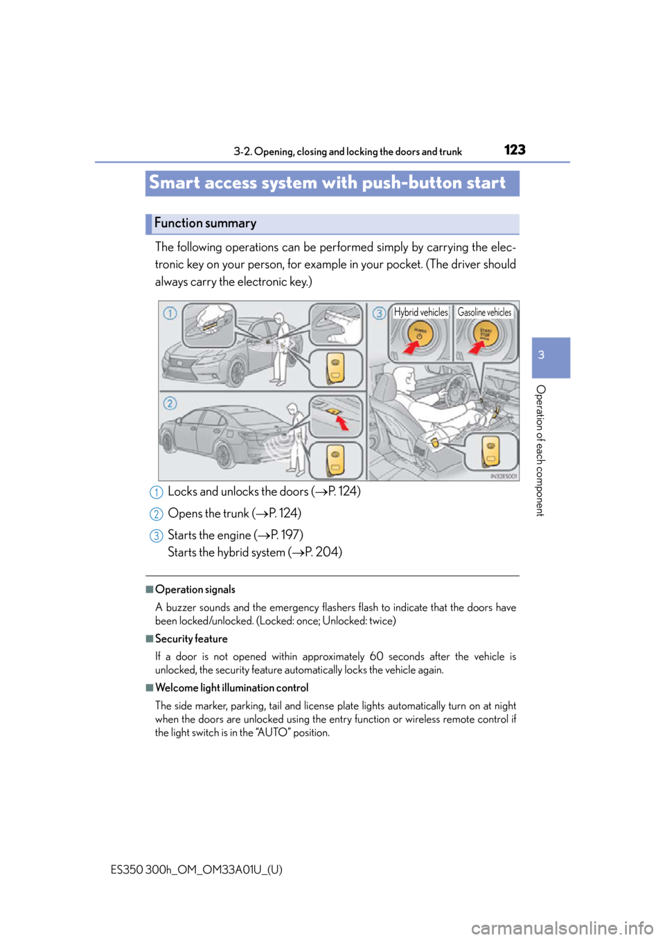 Lexus ES300h 2013  2013-2015 ES350/300h TVIP V4 Remote Engine Starter (RES) Owners /  (OM33A01U) Owners Guide 123
ES350 300h_OM_OM33A01U_(U)
3-2. Opening, closing and locking the doors and trunk
3
Operation of each component
Smart access system with push-button start
The following operations can be performed 