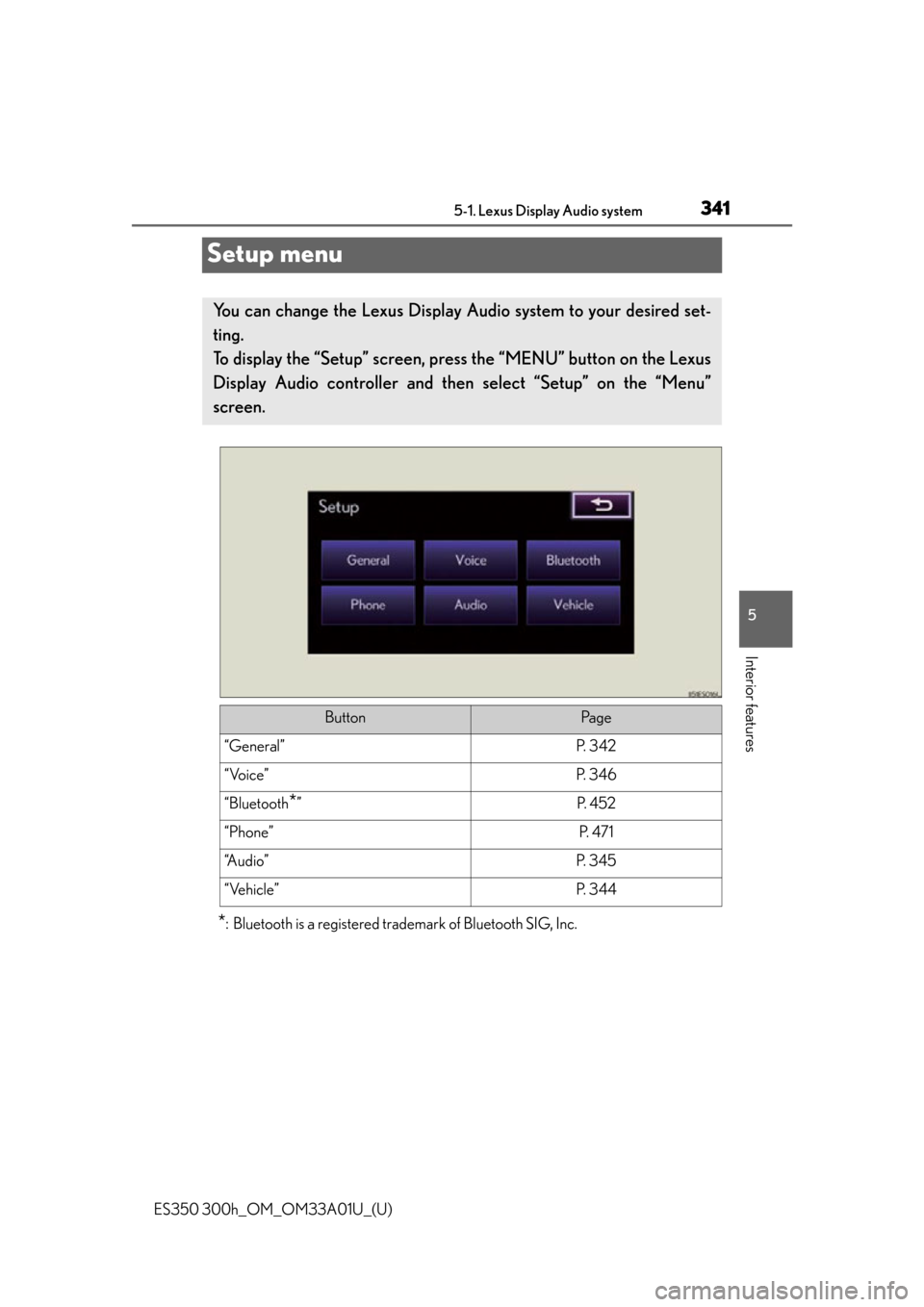 Lexus ES300h 2013  2013-2015 ES350/300h TVIP V4 Remote Engine Starter (RES) Owners / Owners Manual (OM33A01U) 341
ES350 300h_OM_OM33A01U_(U)
5-1. Lexus Display Audio system
5
Interior features
Setup menu
*: Bluetooth is a registered trademark of Bluetooth SIG, Inc.
You can change the Lexus Display Au dio syst