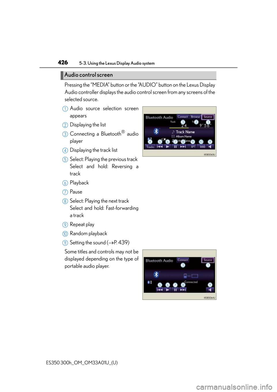 Lexus ES300h 2013  2013-2015 ES350/300h TVIP V4 Remote Engine Starter (RES) Owners / Owners Manual (OM33A01U) 426
ES350 300h_OM_OM33A01U_(U)
5-3. Using the Lexus Display Audio system
Pressing the “MEDIA” button or the “AUDIO” button on the Lexus Display
Audio controller displays the audio cont rol scr