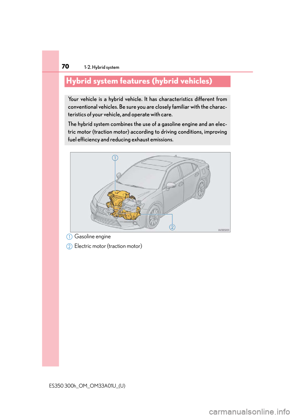 Lexus ES300h 2013  2013-2015 ES350/300h TVIP V4 Remote Engine Starter (RES) Owners /  (OM33A01U) User Guide 701-2. Hybrid system
ES350 300h_OM_OM33A01U_(U)
Hybrid system features (hybrid vehicles)
Gasoline engine
Electric motor (traction motor)
Your vehicle is a hybrid vehicle. It has characteristics differ