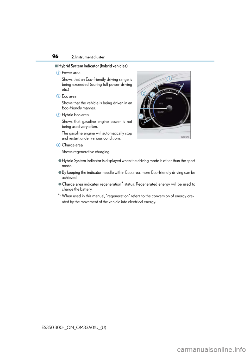 Lexus ES300h 2013  2013-2015 ES350/300h TVIP V4 Remote Engine Starter (RES) Owners / Owners Manual (OM33A01U) 96
ES350 300h_OM_OM33A01U_(U)
2. Instrument cluster
■Hybrid System Indicator (hybrid vehicles)
●Hybrid System Indicator is displayed when the driving mode is other than the sport
mode.
●By keepi