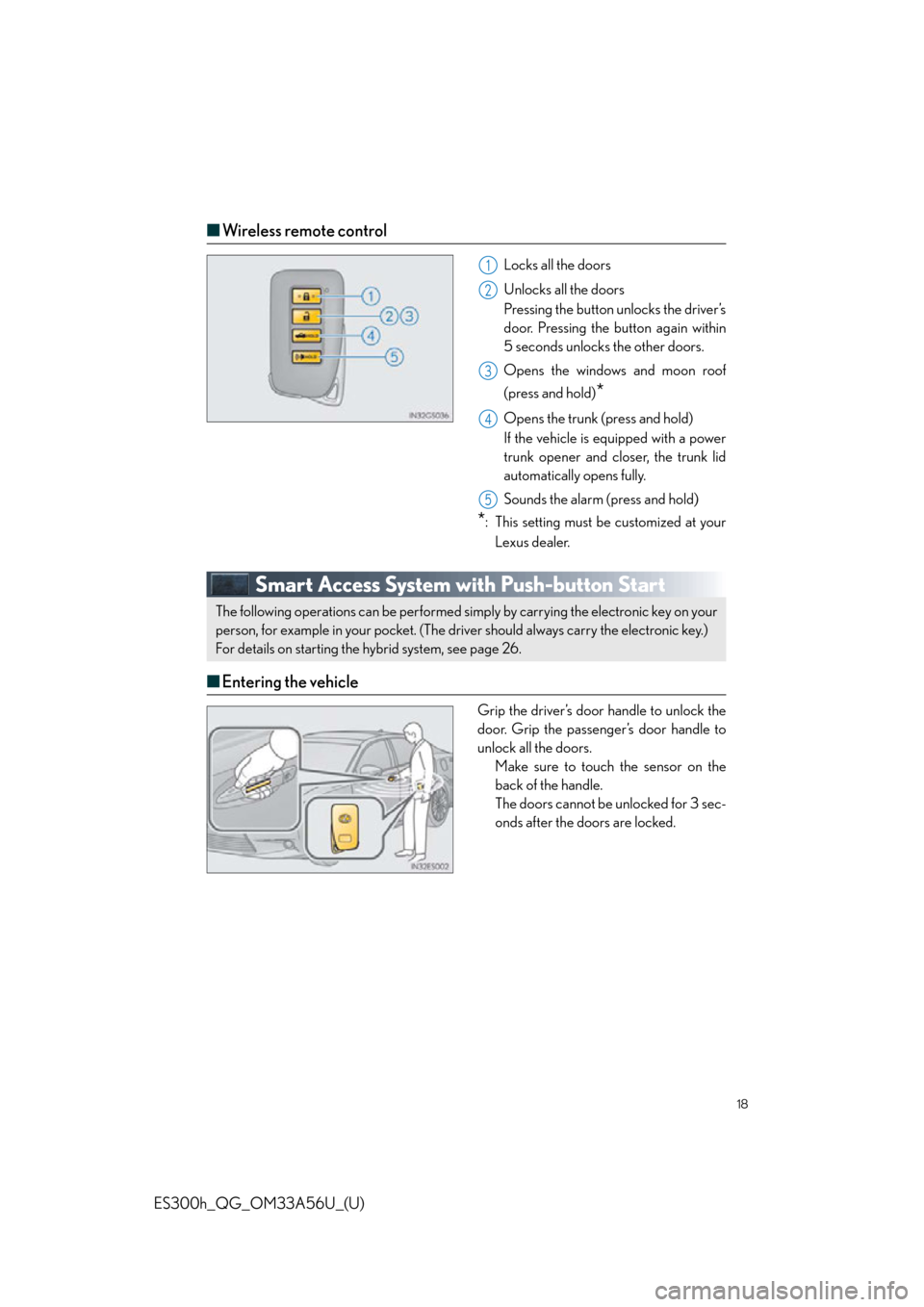Lexus ES300h 2013  2013-2015 ES350/300h TVIP V4 Remote Engine Starter (RES) Owners / Owners Manual Quick Guide (OM33A56U) 18
ES300h_QG_OM33A56U_(U)
■Wireless remote control
Locks all the doors
Unlocks all the doors
Pressing the button unlocks the driver’s
door. Pressing the button again within
5 seconds unlocks the o