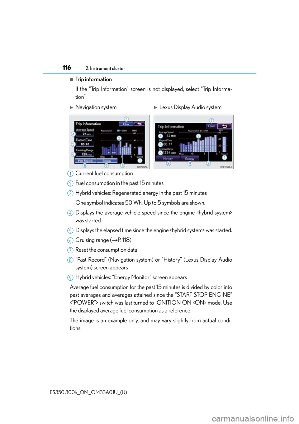 Lexus ES300h 2013  Maintenance and care / Owners Manual (OM33A01U) 116
ES350 300h_OM_OM33A01U_(U)
2. Instrument cluster
■Trip information
If the “Trip Information” screen is not displayed, select “Trip Informa-
tion”.
Current fuel consumption
Fuel consumpti