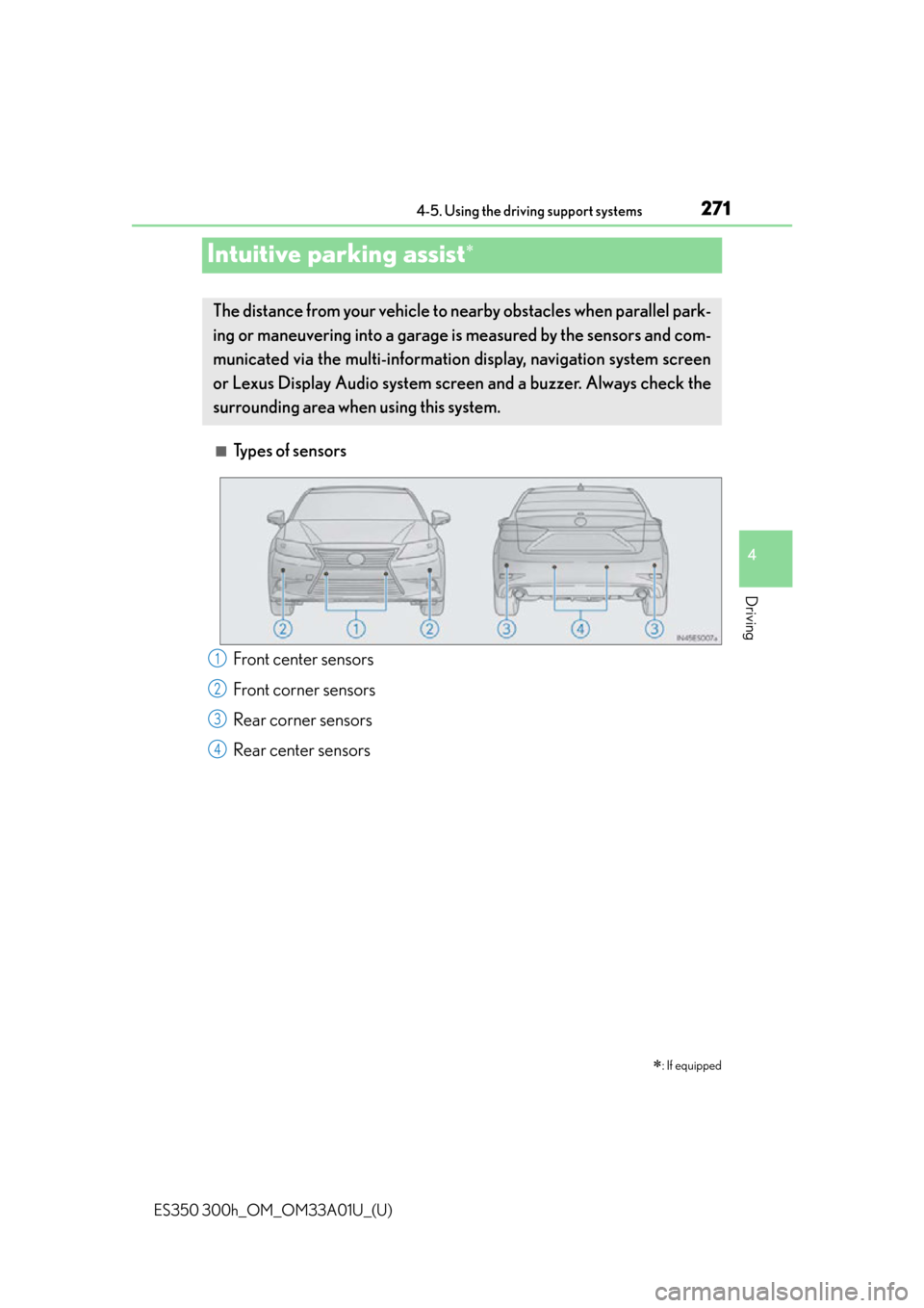 Lexus ES300h 2013  Maintenance and care / Owners Manual (OM33A01U) 271
ES350 300h_OM_OM33A01U_(U)
4-5. Using the driving support systems
4
Driving
Intuitive parking assist
■Types of sensors
: If equipped
The distance from your vehicle to nearby obstacles when