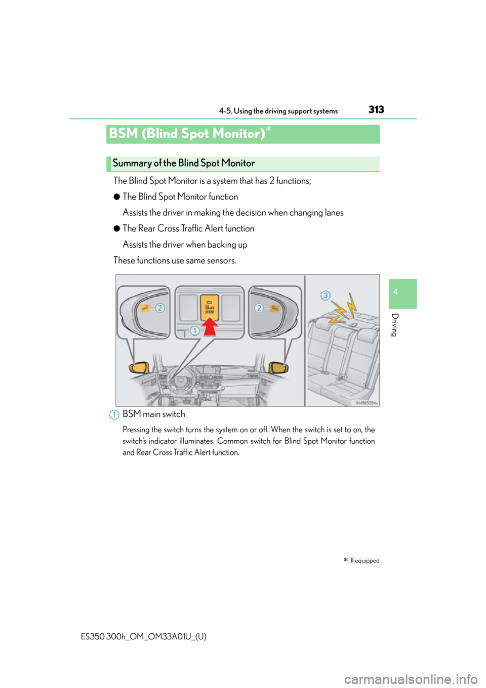 Lexus ES300h 2013 Maintenance and care / Owners Manual (OM33A01U) 313
ES350 300h_OM_OM33A01U_(U)
4-5. Using the driving support systems
4
Driving
BSM (Blind Spot Monitor)
The Blind Spot Monitor is a system that has 2 functions;
●The Blind Spot Monitor function
Lexus ES300h 2013 Maintenance and care / Owners Manual (OM33A01U) 313
ES350 300h_OM_OM33A01U_(U)
4-5. Using the driving support systems
4
Driving
BSM (Blind Spot Monitor)
The Blind Spot Monitor is a system that has 2 functions;
●The Blind Spot Monitor function