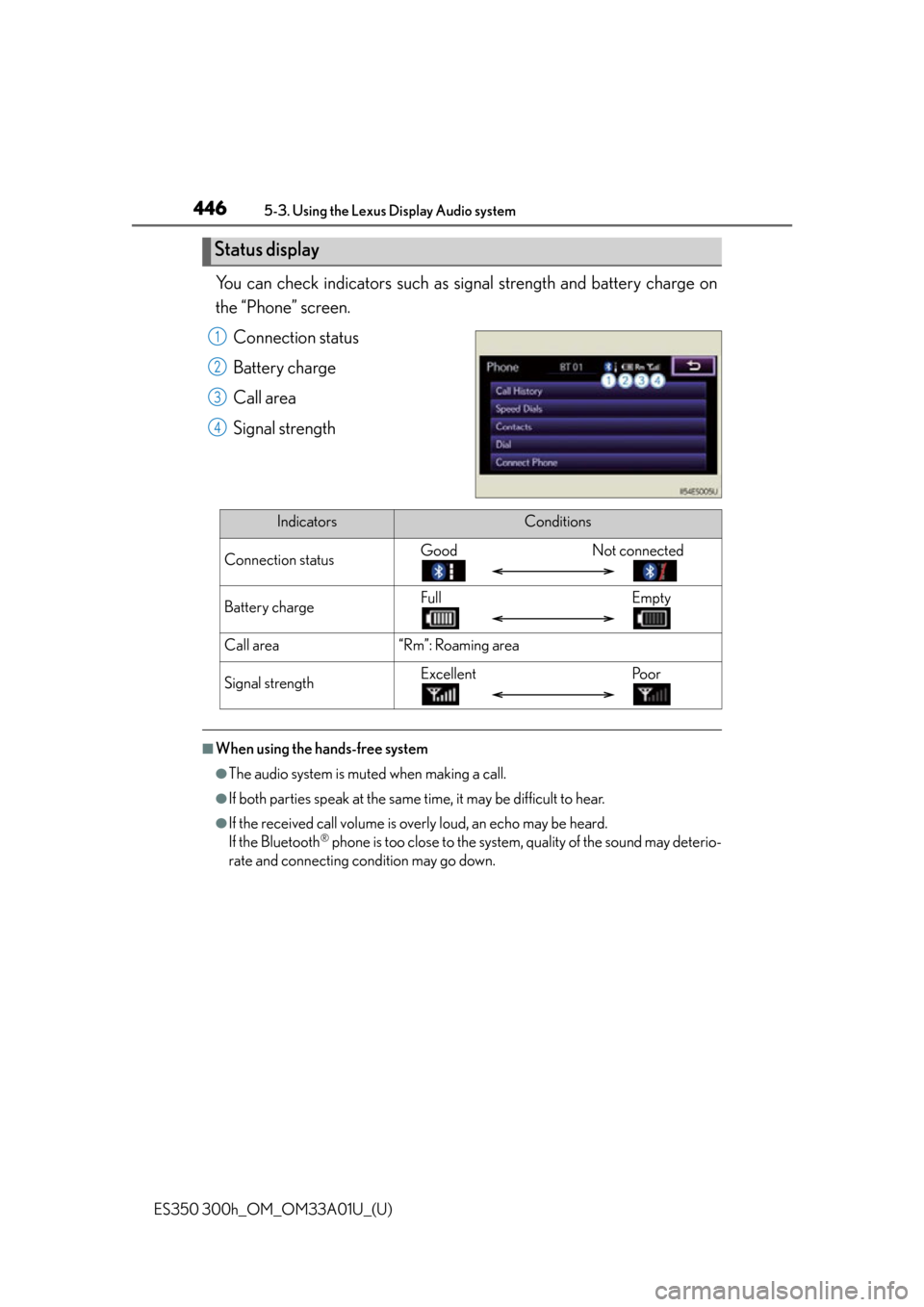 Lexus ES300h 2013 Maintenance and care / Owners Manual (OM33A01U) 446
ES350 300h_OM_OM33A01U_(U)
5-3. Using the Lexus Display Audio system
You can check indicators such as signal strength and battery charge on
the “Phone” screen.Connection status
Battery charge
Lexus ES300h 2013 Maintenance and care / Owners Manual (OM33A01U) 446
ES350 300h_OM_OM33A01U_(U)
5-3. Using the Lexus Display Audio system
You can check indicators such as signal strength and battery charge on
the “Phone” screen.Connection status
Battery charge