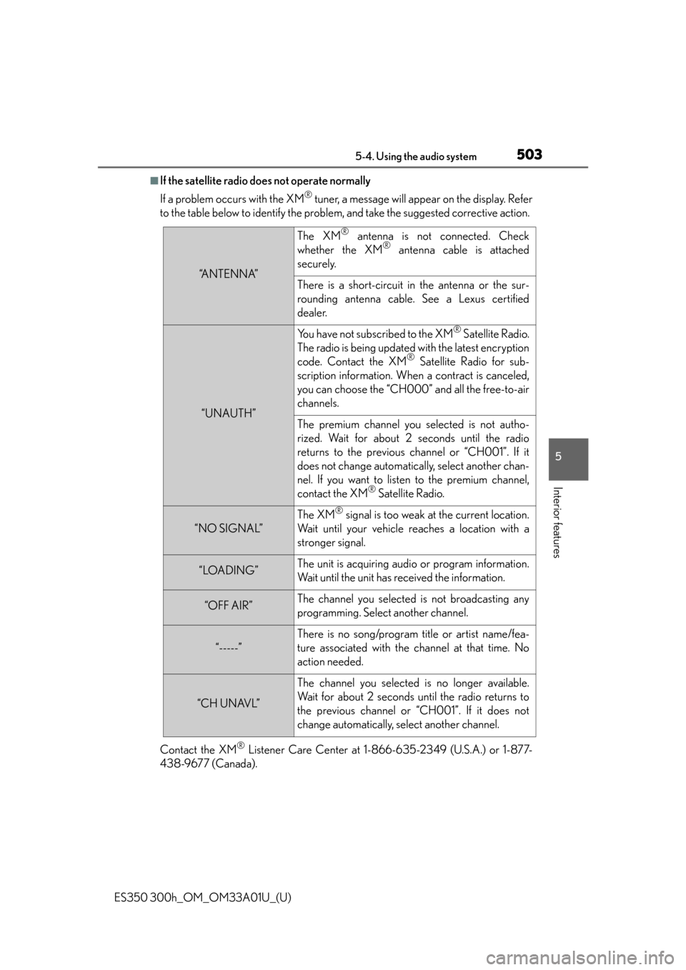 Lexus ES300h 2013 Maintenance and care / Owners Manual (OM33A01U) ES350 300h_OM_OM33A01U_(U)
5035-4. Using the audio system
5
Interior features
■If the satellite radio does not operate normally
If a problem occurs with the XM
® tuner, a message will appear on the Lexus ES300h 2013 Maintenance and care / Owners Manual (OM33A01U) ES350 300h_OM_OM33A01U_(U)
5035-4. Using the audio system
5
Interior features
■If the satellite radio does not operate normally
If a problem occurs with the XM
® tuner, a message will appear on the